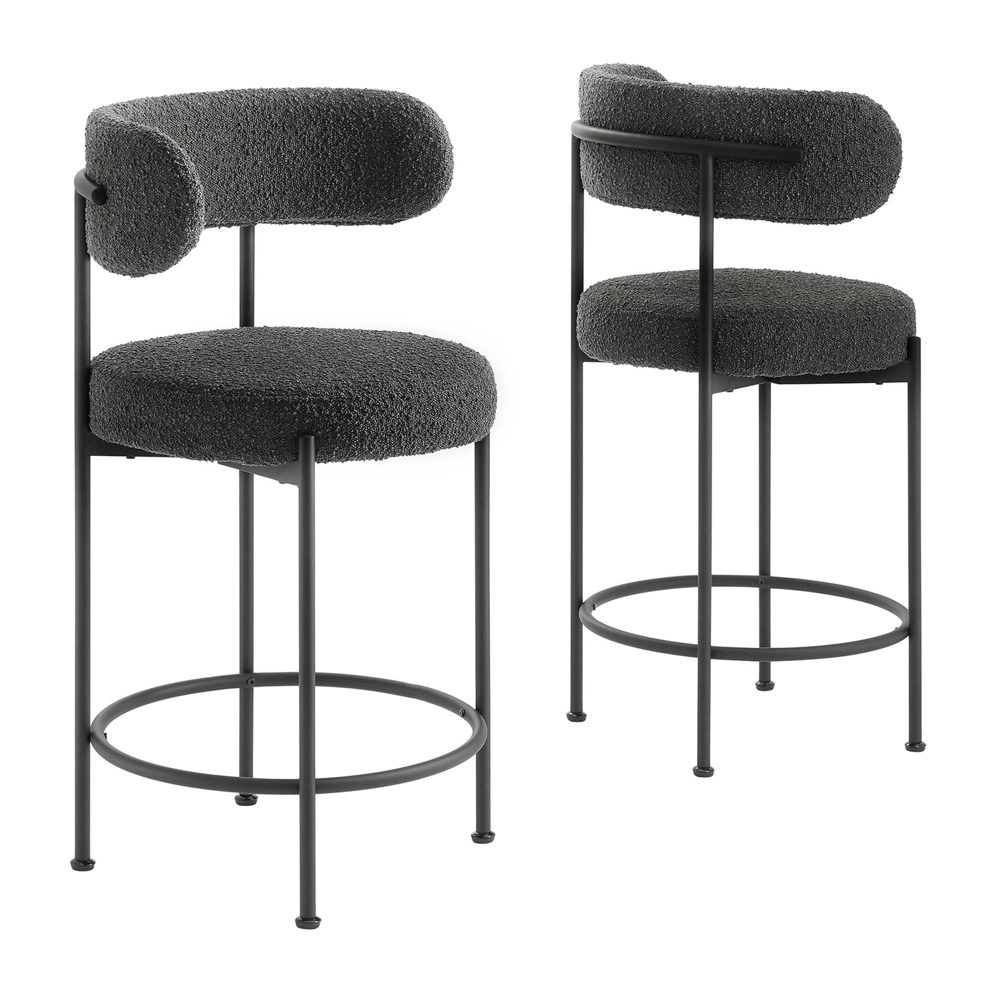 Albie Boucle Fabric Counter Stools - Set of 2 - Charcoal Black