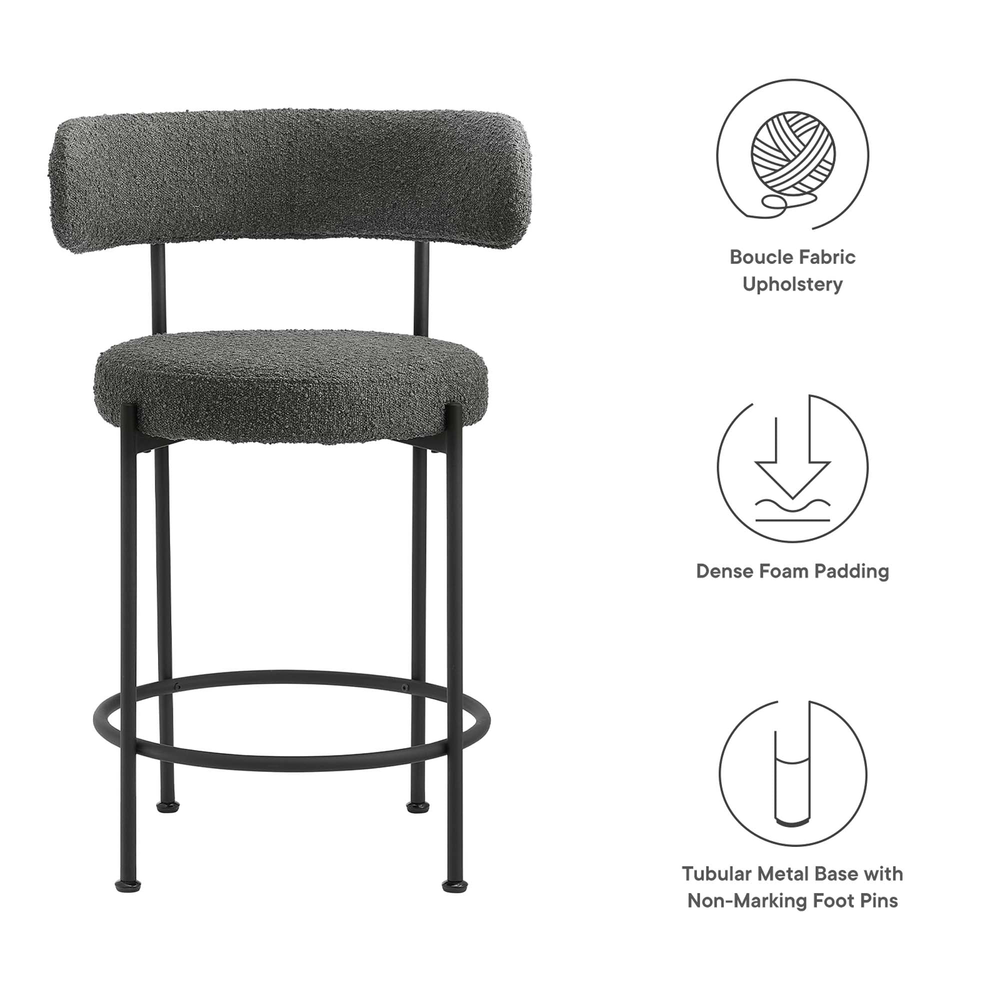 Albie Boucle Fabric Counter Stools - Set of 2 - Ivory Black