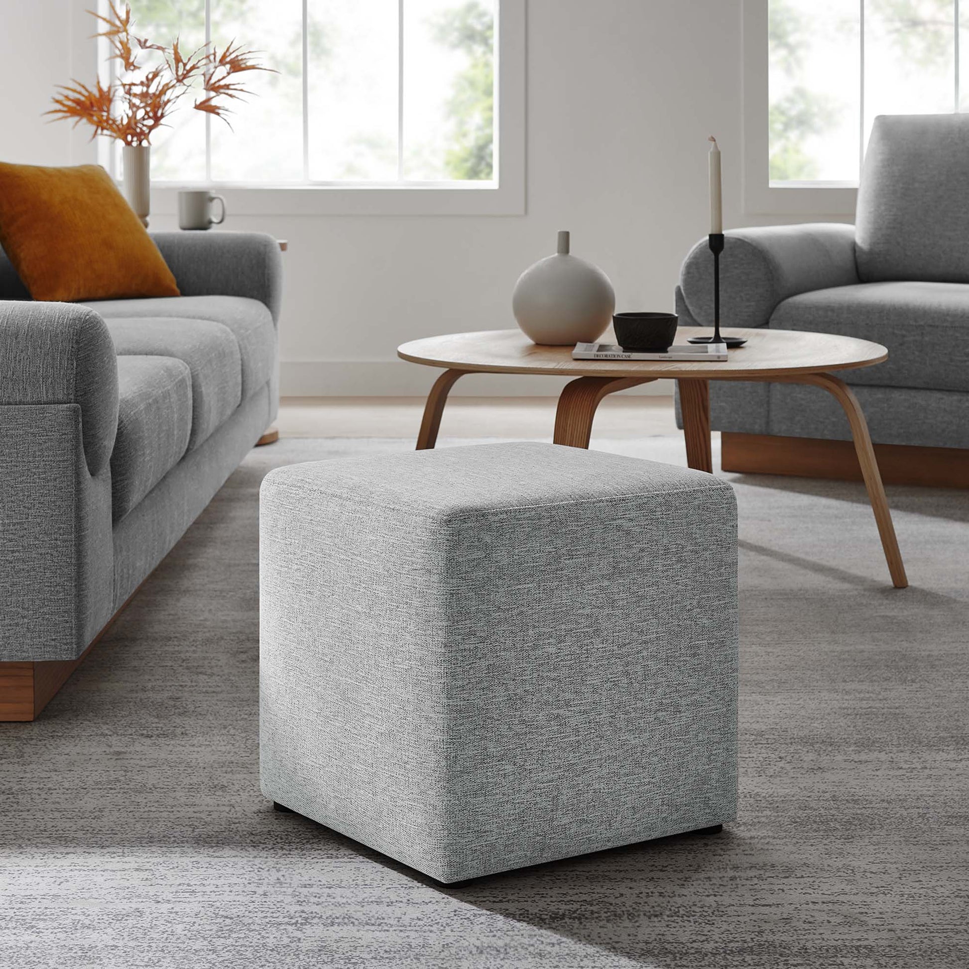 Callum 17" Square Woven Heathered Fabric Upholstered Ottoman