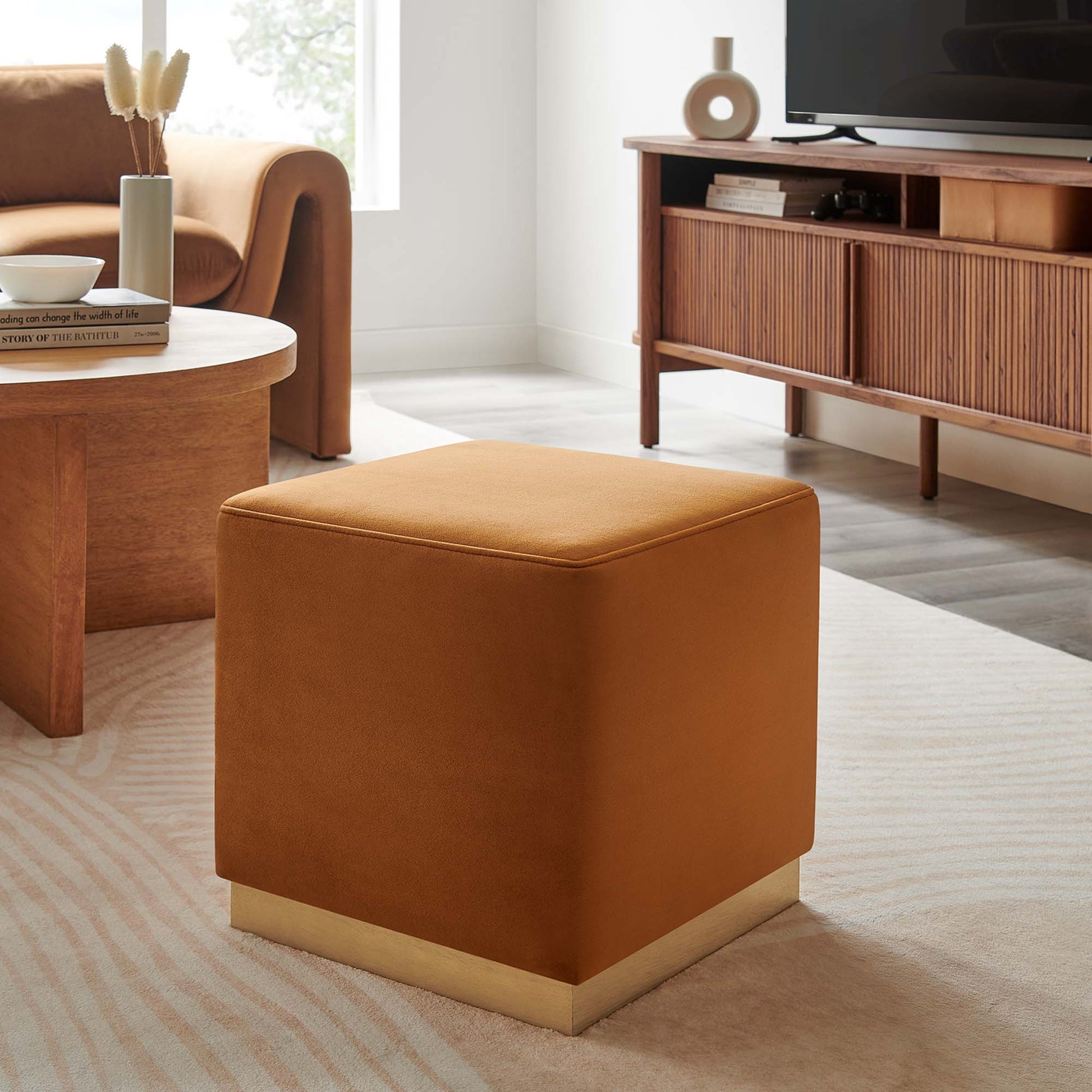 Tilden 17" Square Performance Velvet Upholstered Ottoman