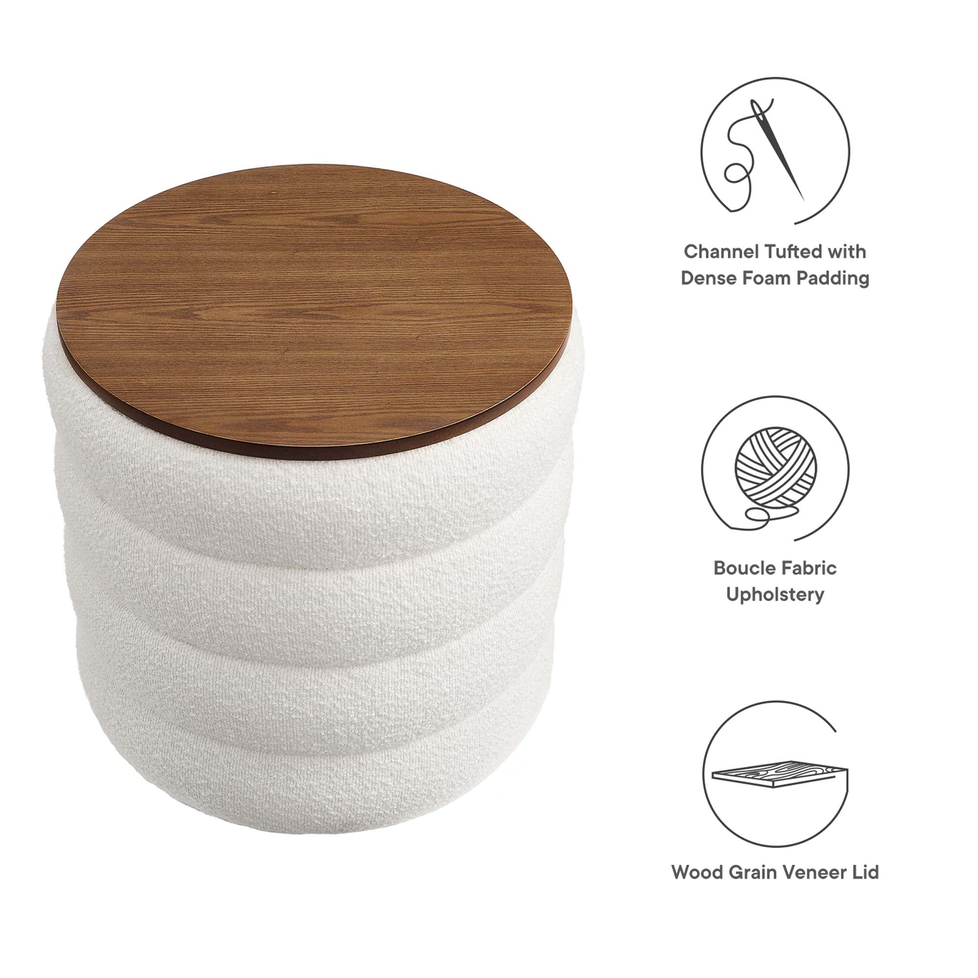 Mezzo Round Boucle Fabric Storage Ottoman - Pebble