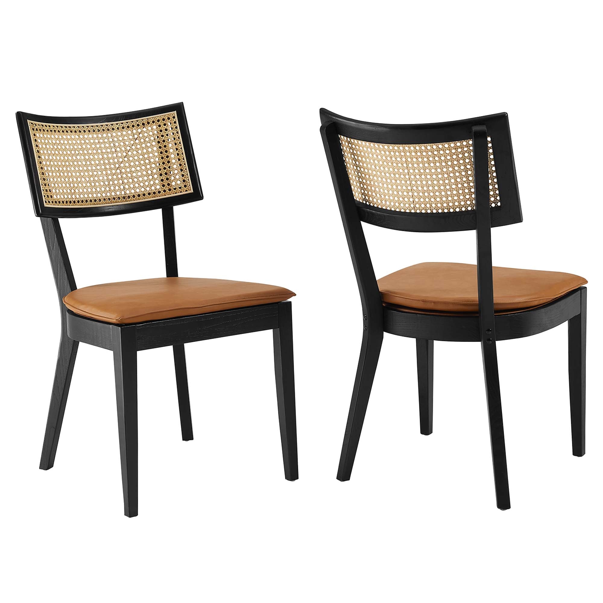 Caledonia Vegan Leather Upholstered Wood Dining Chairs - Set of 2 - Black Tan
