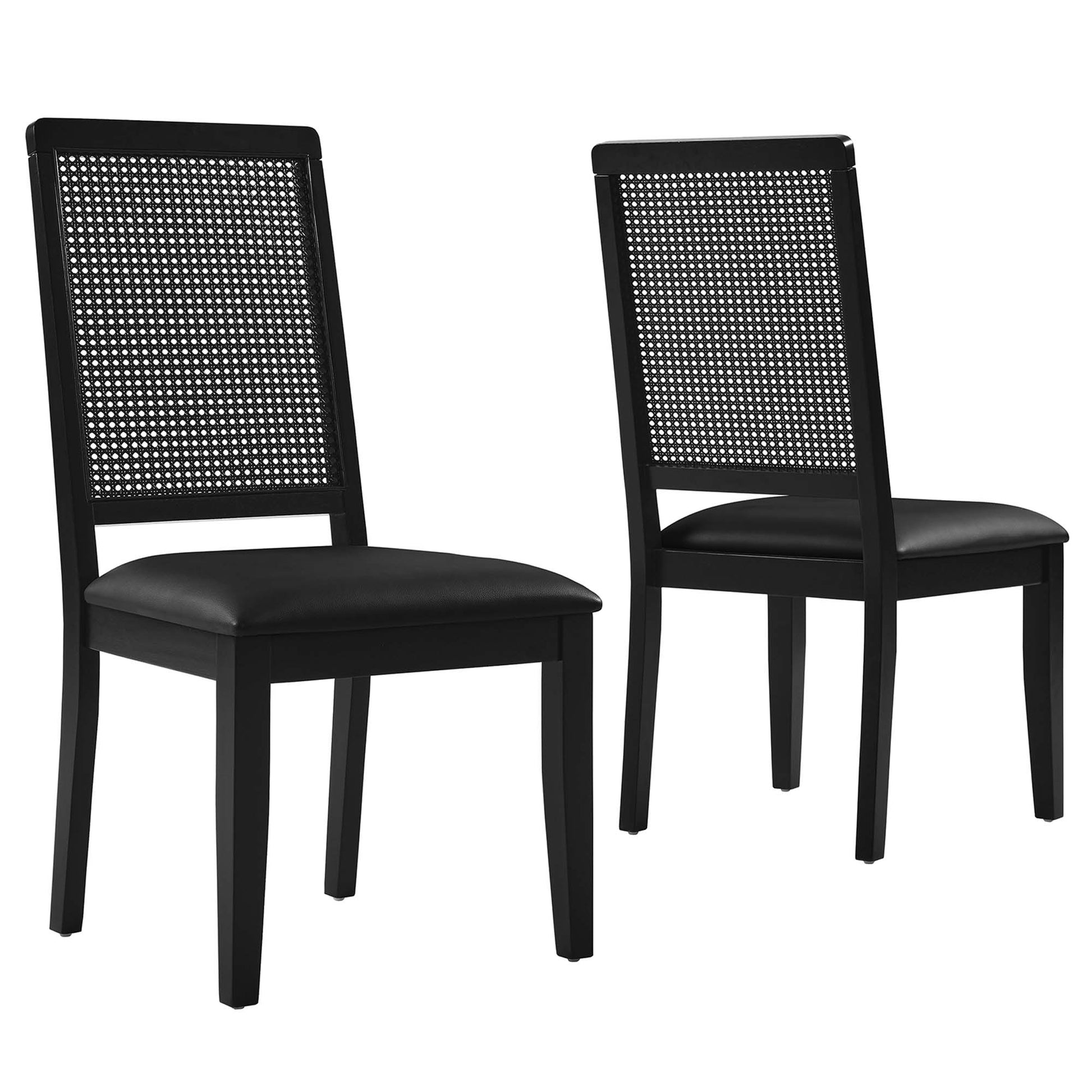 Arlo Vegan Leather Upholstered Faux Rattan and Wood Dining Side Chairs - Set of 2 - Black Black