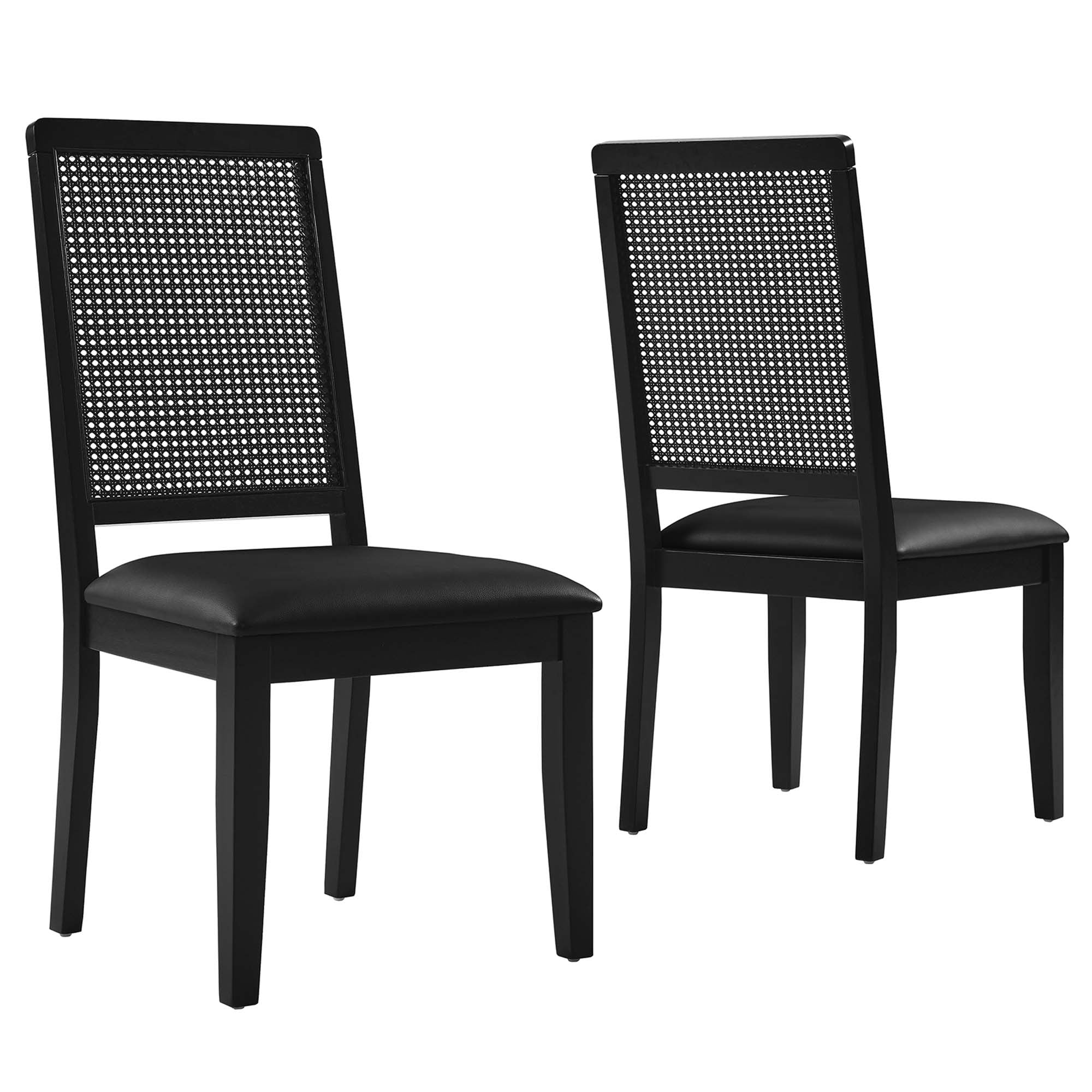 Arlo Vegan Leather Upholstered Faux Rattan and Wood Dining Side Chairs - Set of 2 - Black Black