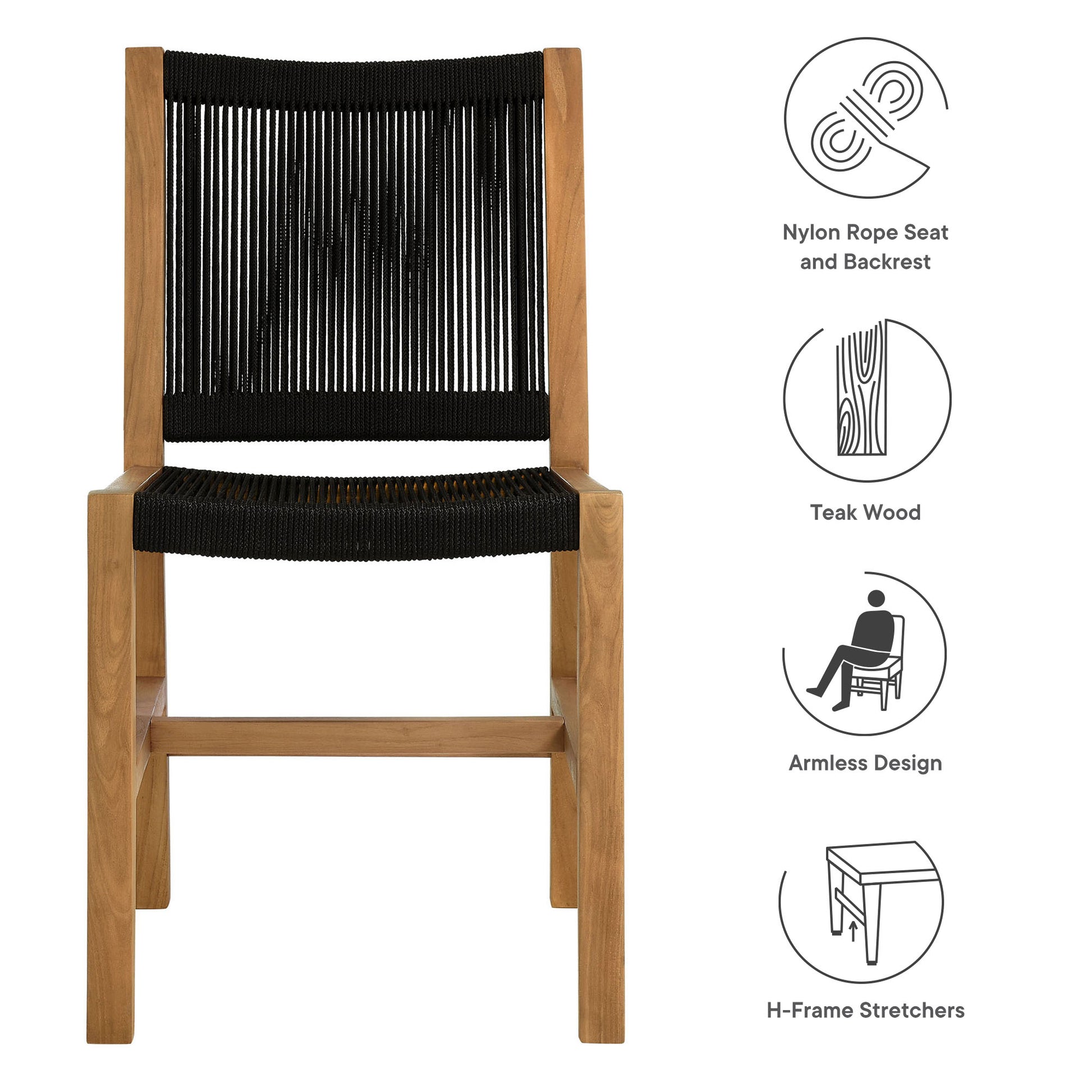 Vienna Outdoor Patio Teak and Rope Armless Dining Chairs Set of 2 - Natural Natural