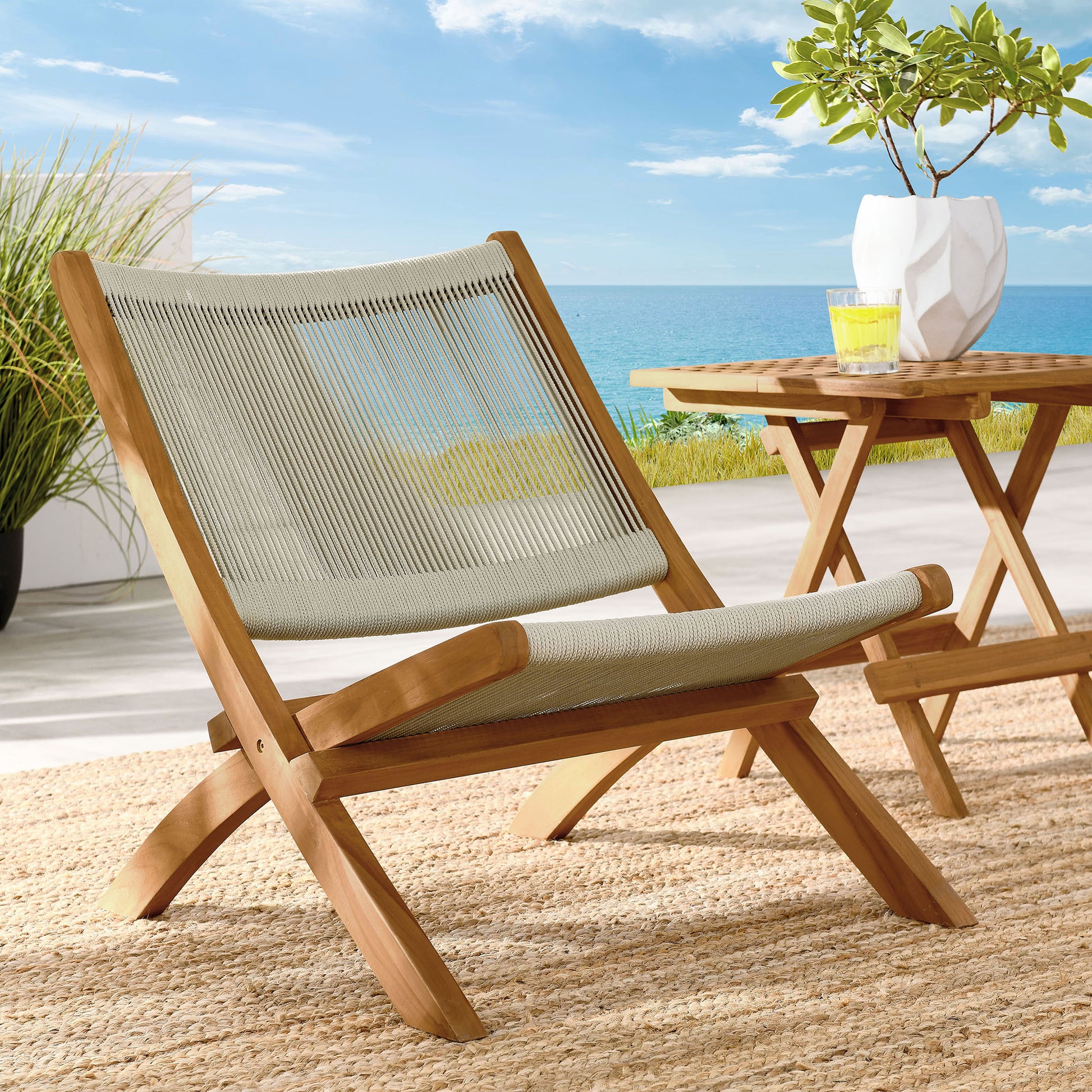 Vienna Outdoor Patio Teak and Rope Folding Accent Lounge Chair