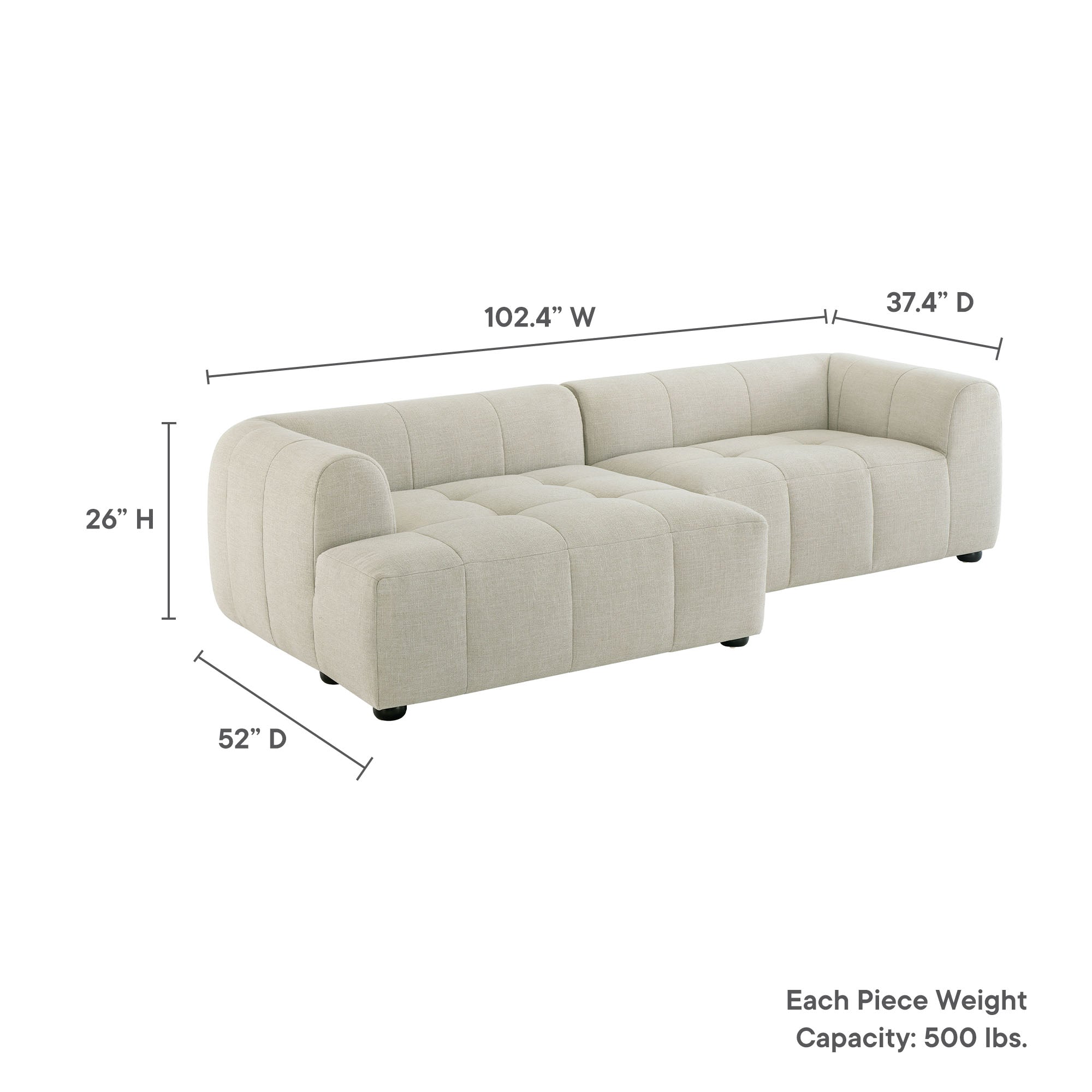 Liana  Left-Facing Upholstered Fabric Modular Sofa with Chaise - Pewter
