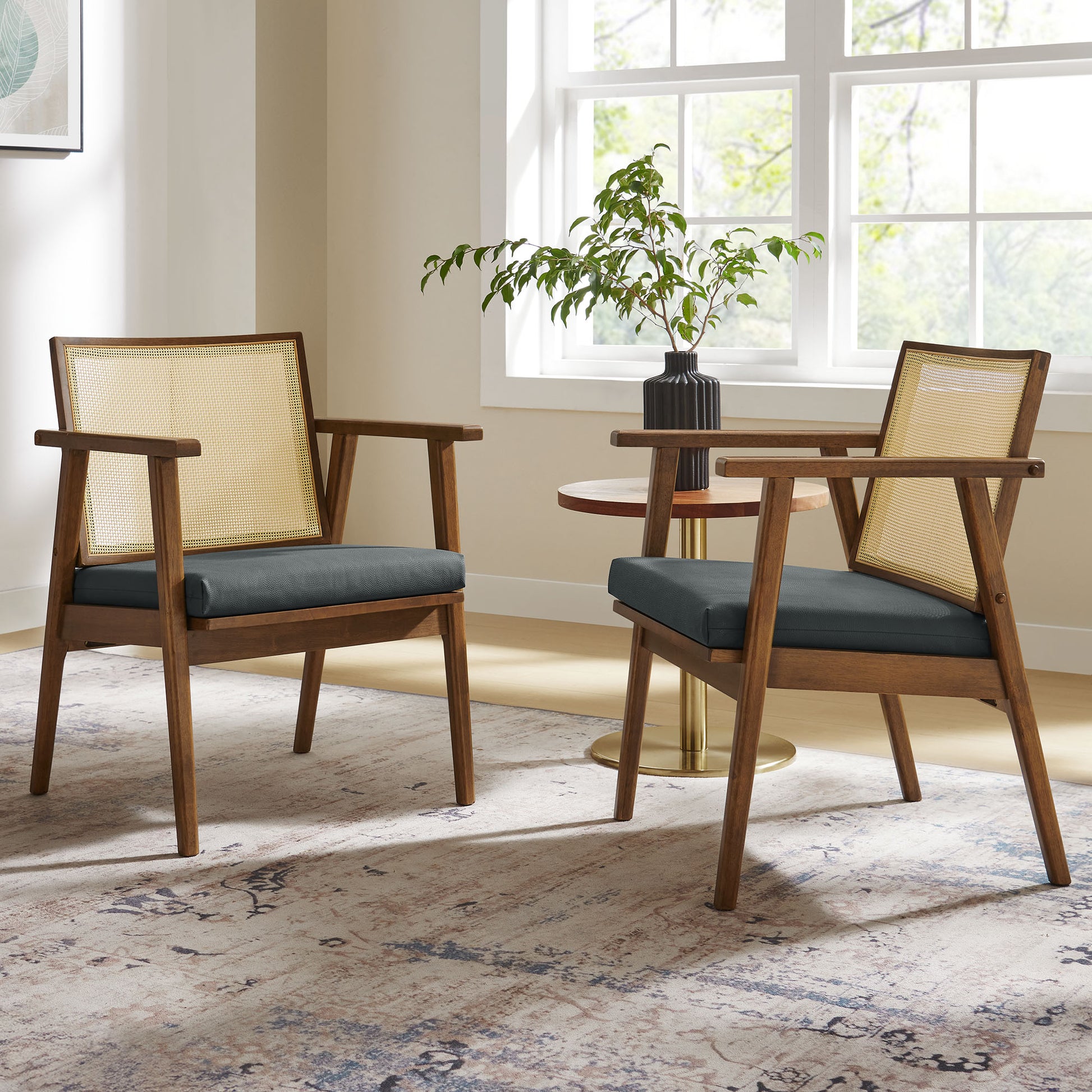 Thera Vegan Leather and Cane Accent Armchairs Set of 2
