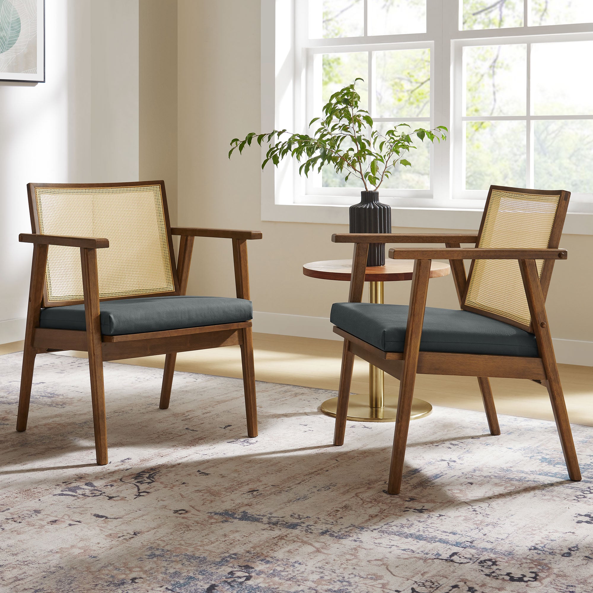 Thera Vegan Leather and Cane Accent Armchairs Set of 2