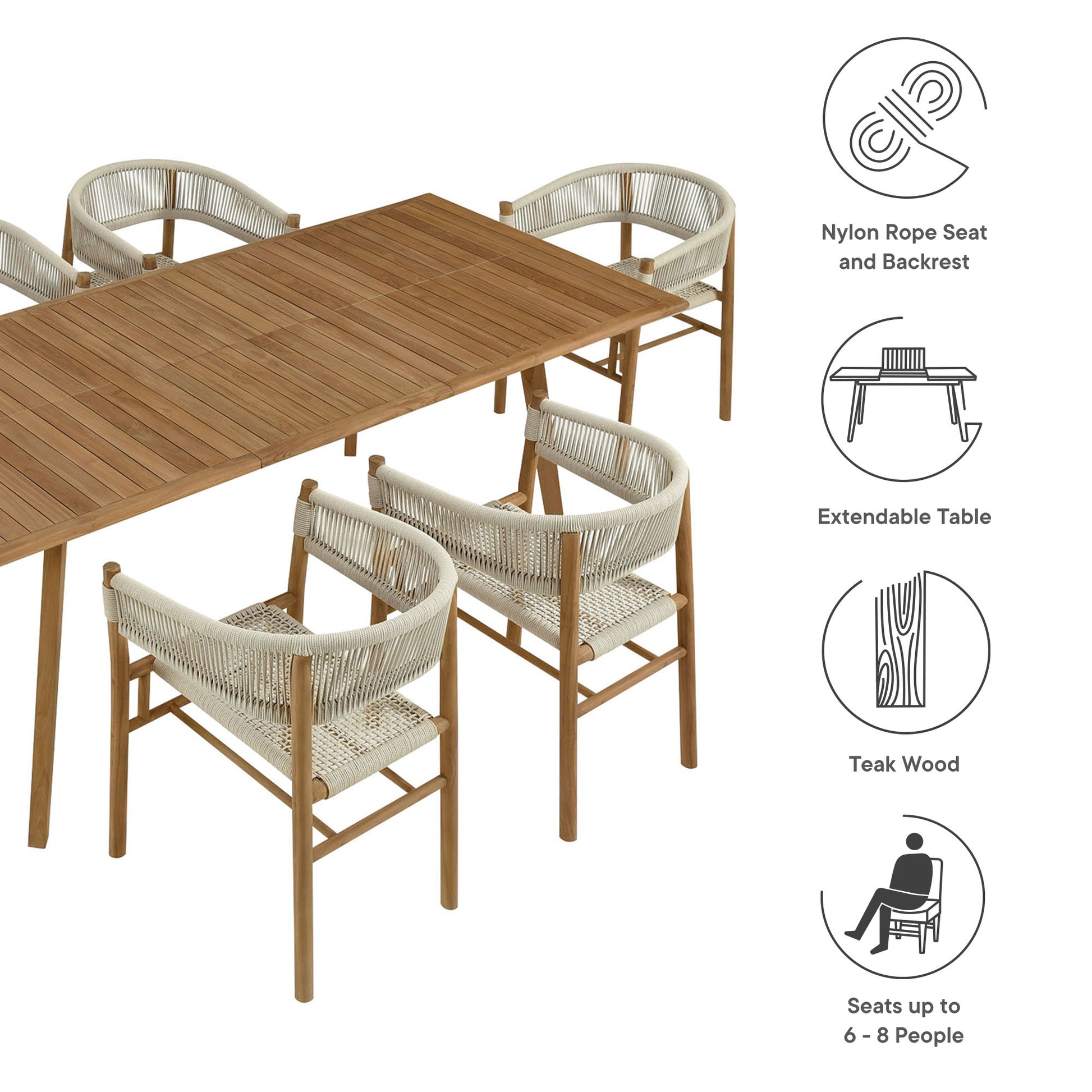 Vienna 7-Piece Outdoor Patio Teak and Rope Dining Set with Curved-Back Armchairs