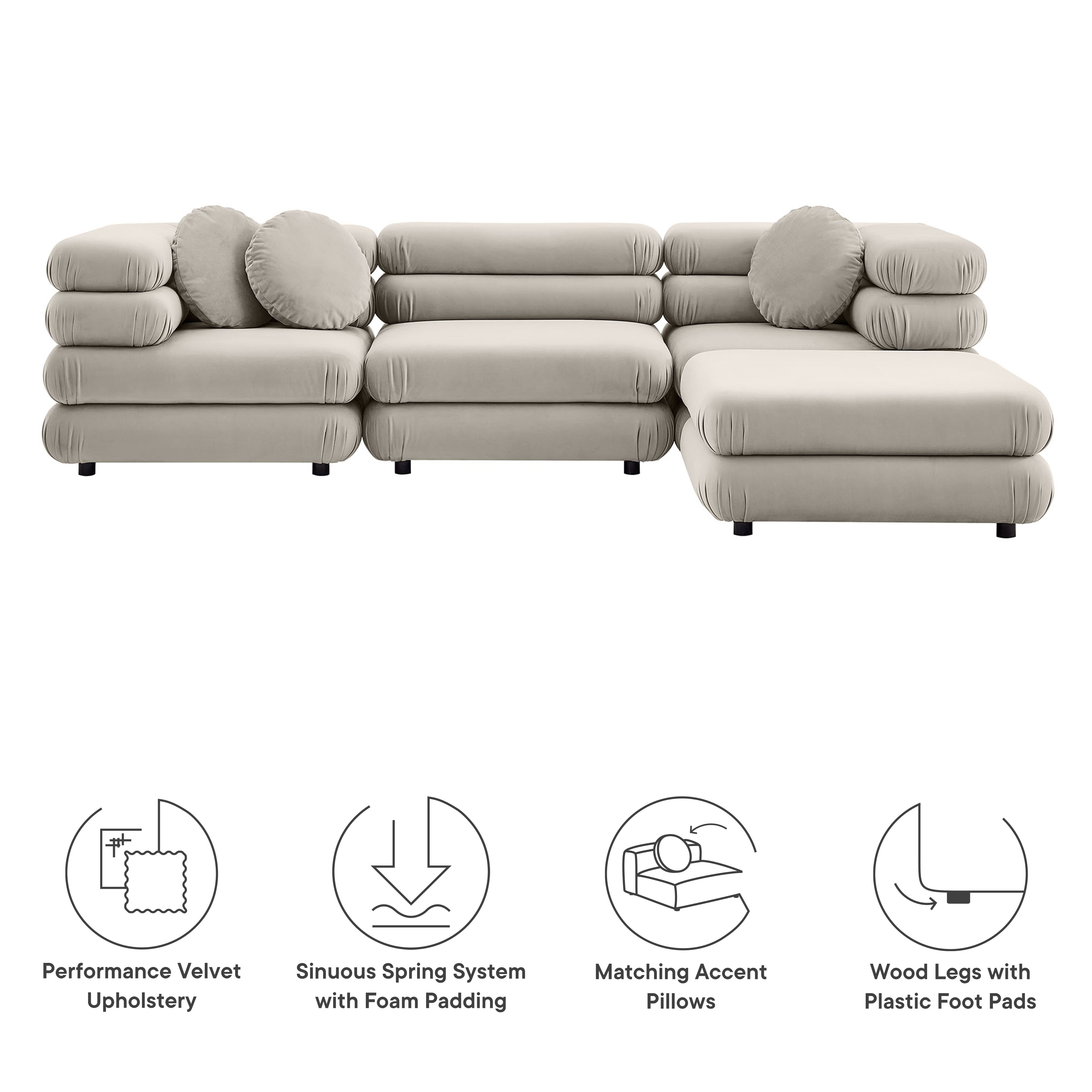 Jubilee 4-Piece Modular Performance Velvet Sectional Sofa - Mulberry