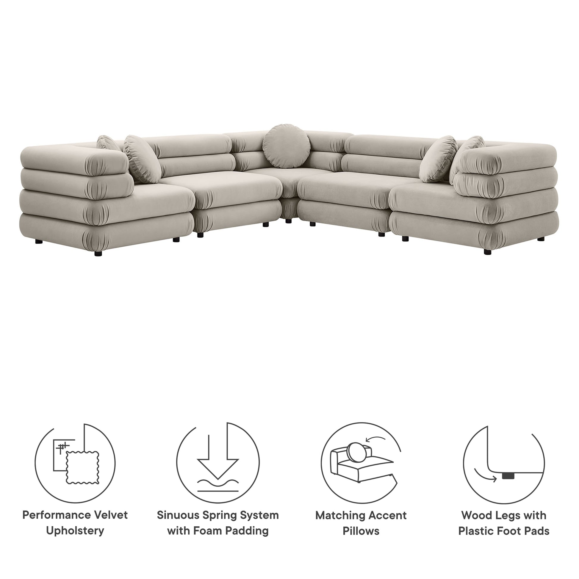 Jubilee 5-Piece Modular Performance Velvet Sectional Sofa - Mulberry