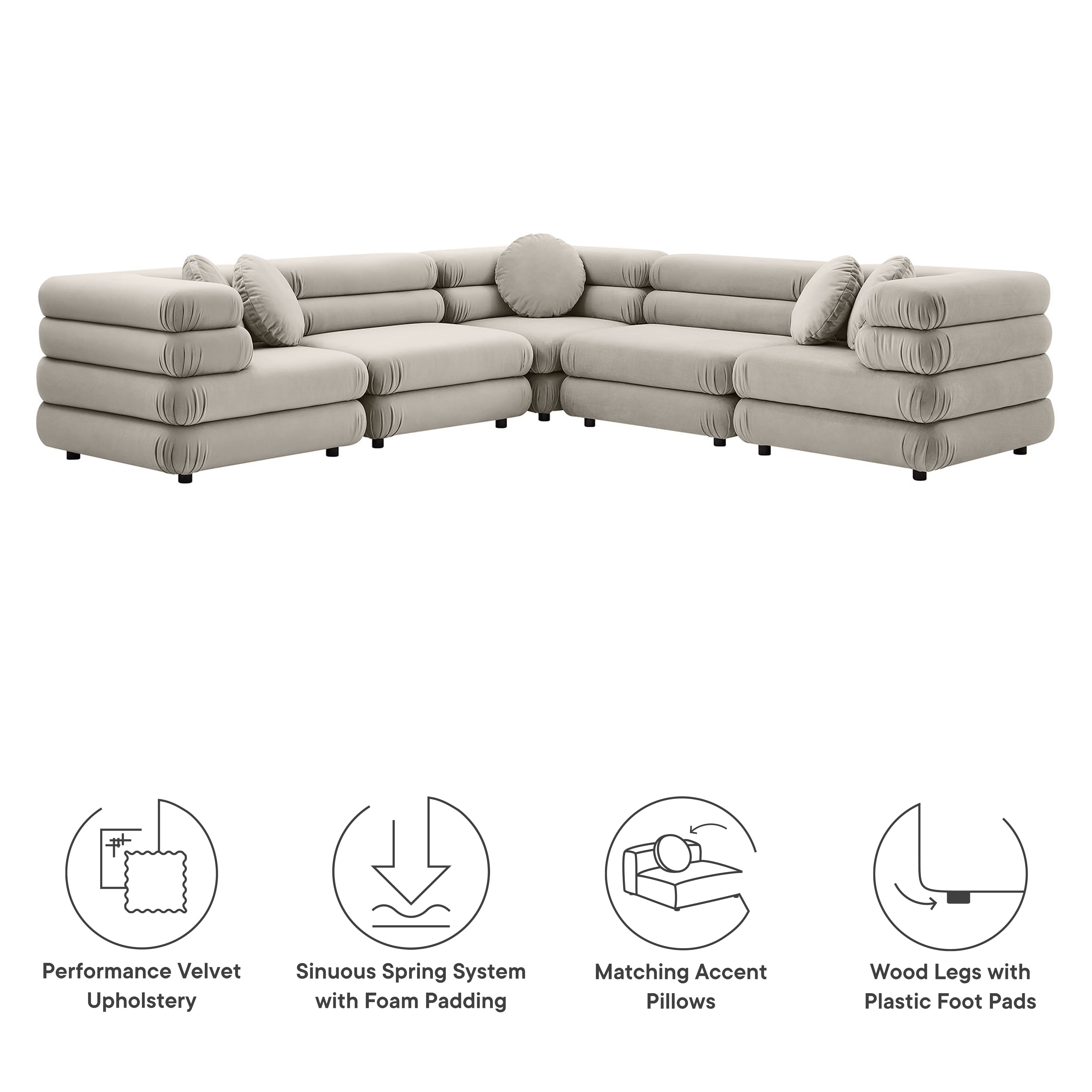 Jubilee 5-Piece Modular Performance Velvet Sectional Sofa - Mulberry