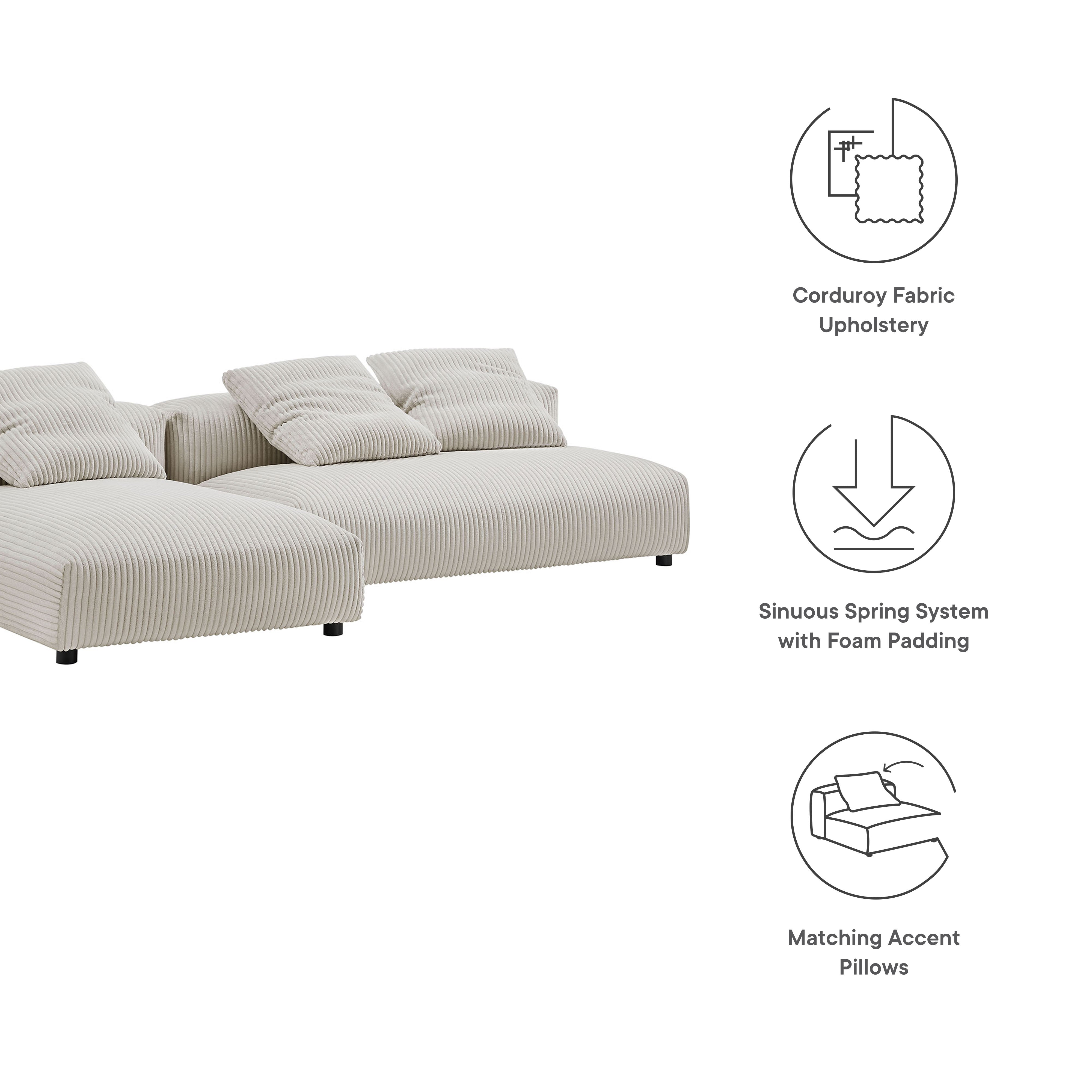 Solace 2-Piece Modular Corduroy Upholstered Sectional Sofa With Chaise - Fern