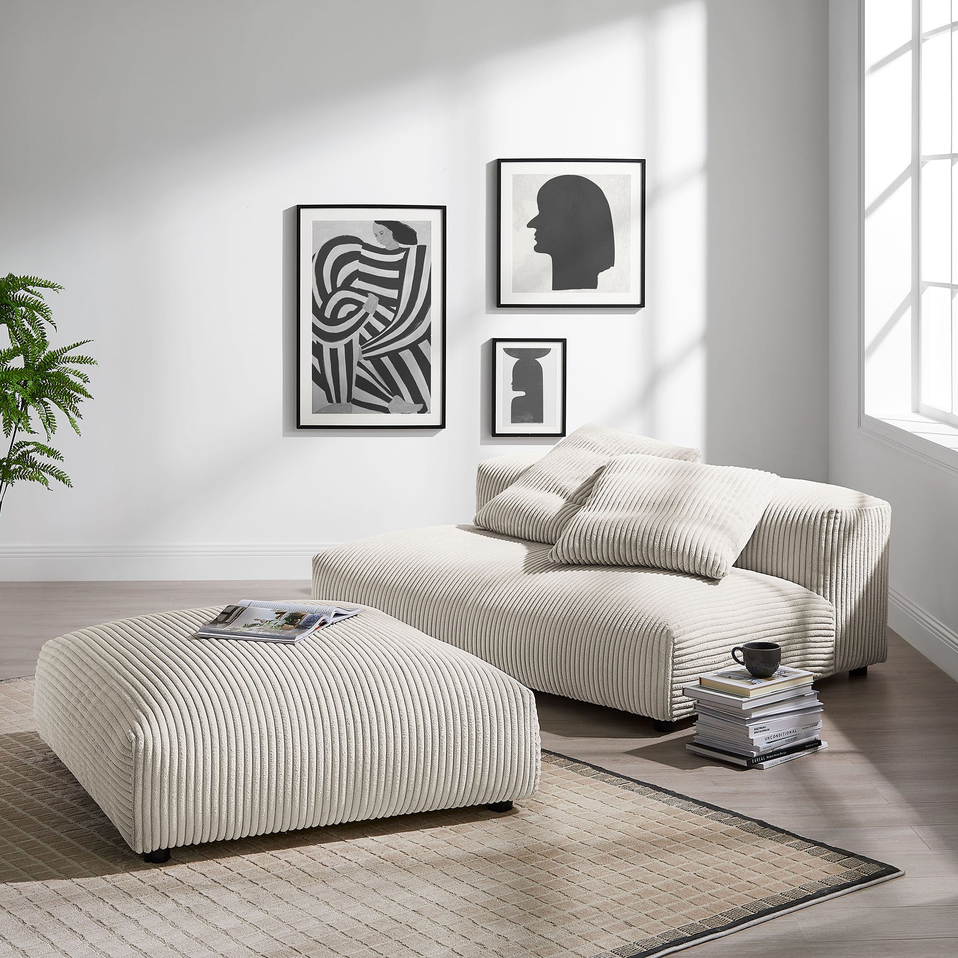 Solace  Modular Corduroy Upholstered Armless Loveseat and Ottoman Set
