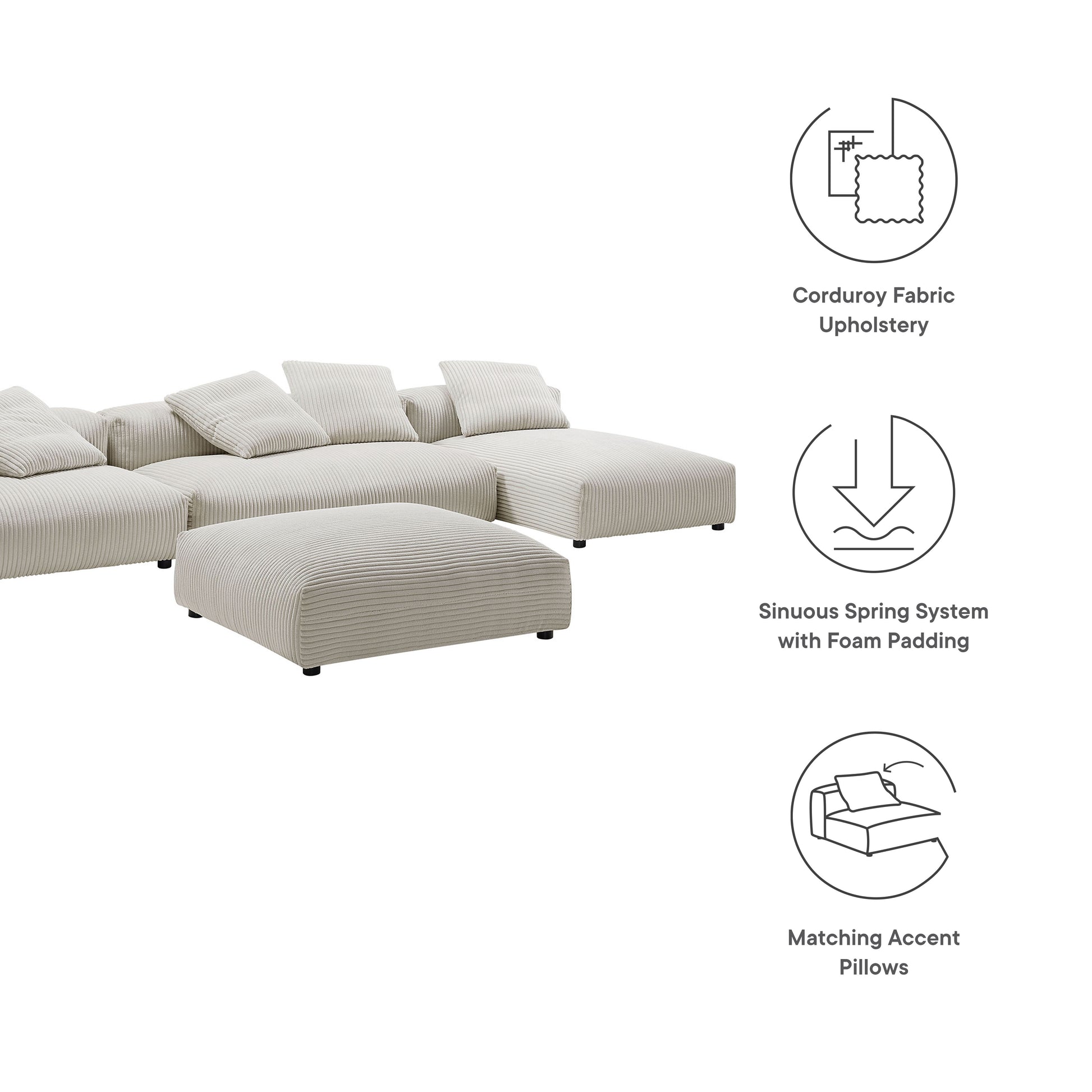 Solace 4-Piece Modular Corduroy Upholstered Sectional Sofa With Ottoman - Fern