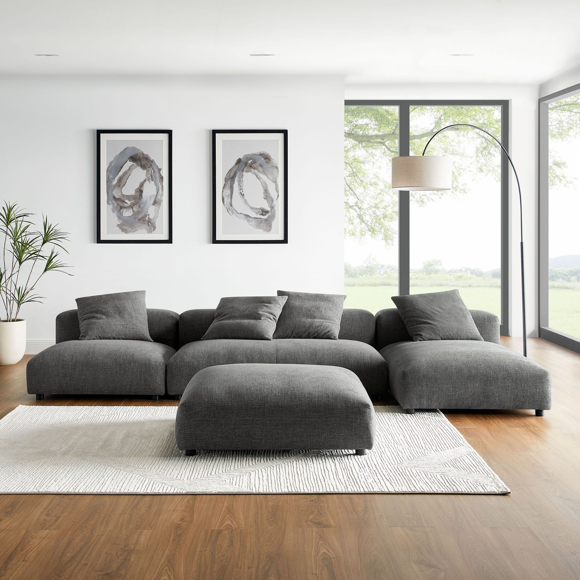 Solace 4-Piece Modular Upholstered Fabric Sectional Sofa With Ottoman