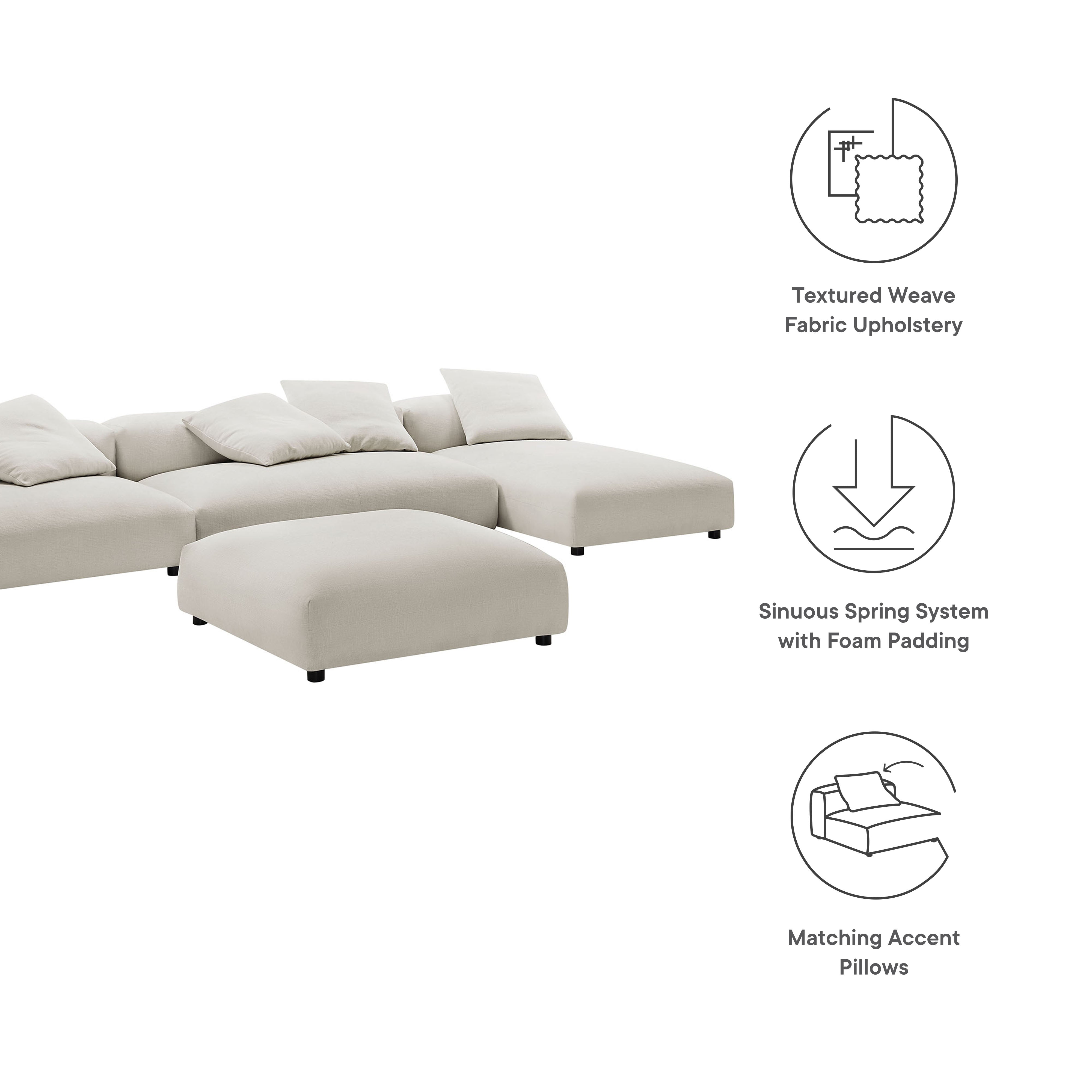 Solace 4-Piece Modular Upholstered Fabric Sectional Sofa With Ottoman