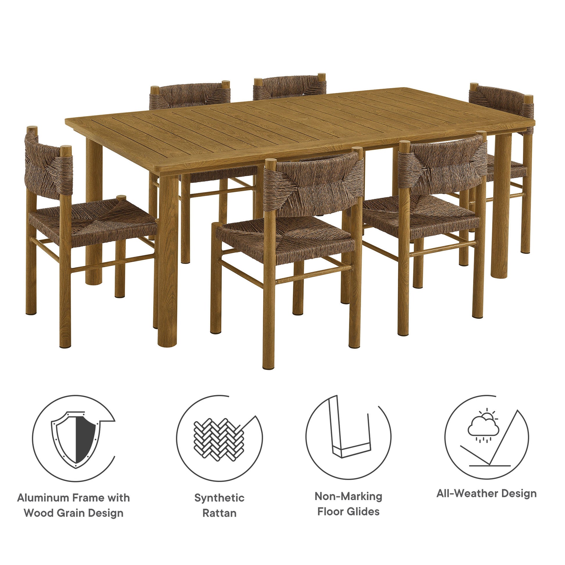 Parkland 7-Piece Rectangular Outdoor Patio Rattan and Aluminum Dining Table and Chairs Set - Walnut
