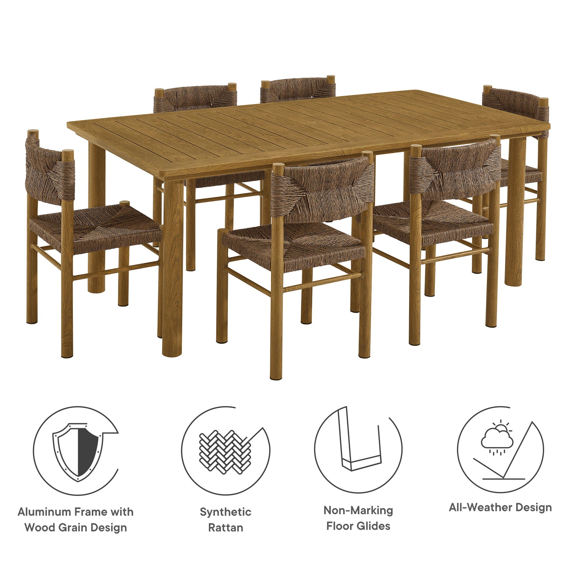Parkland 7-Piece Rectangular Outdoor Patio Rattan and Aluminum Dining Table and Chairs Set - Walnut