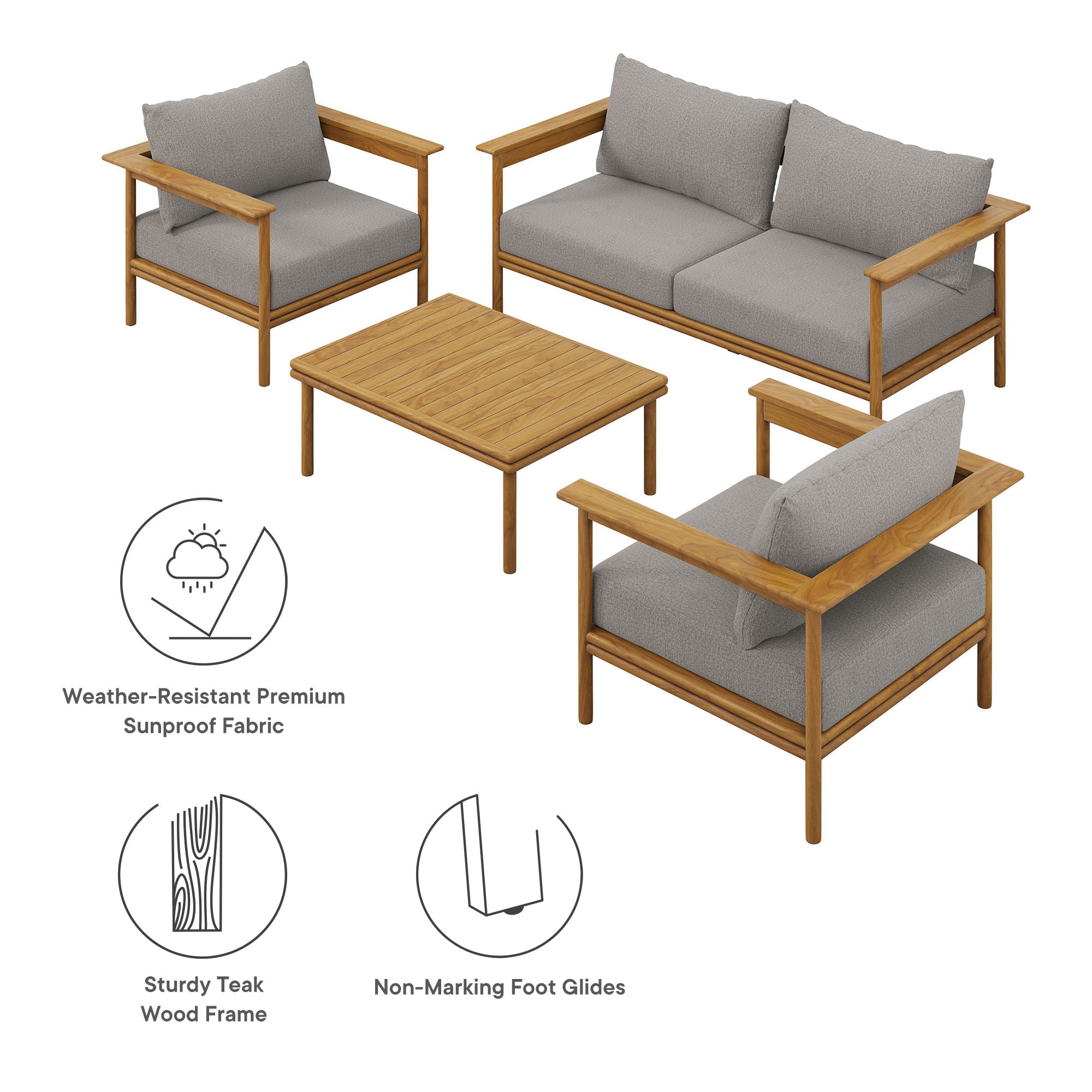 Wren 4-Piece Outdoor Patio Teak Wood Furniture Set - Natural Flint Gray