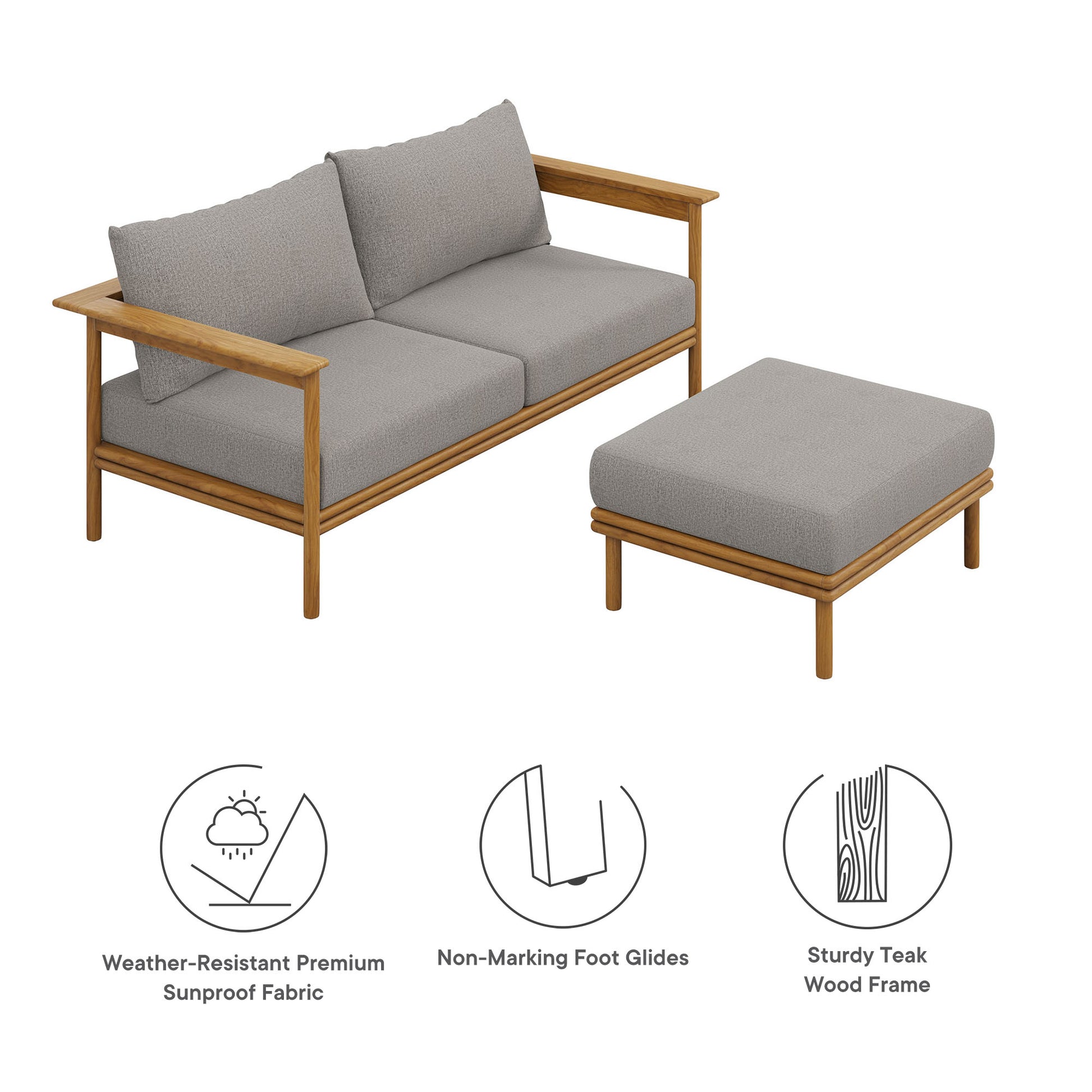 Wren 2-Piece Outdoor Patio Teak Wood Sofa and Ottoman Set - Natural Flint Gray