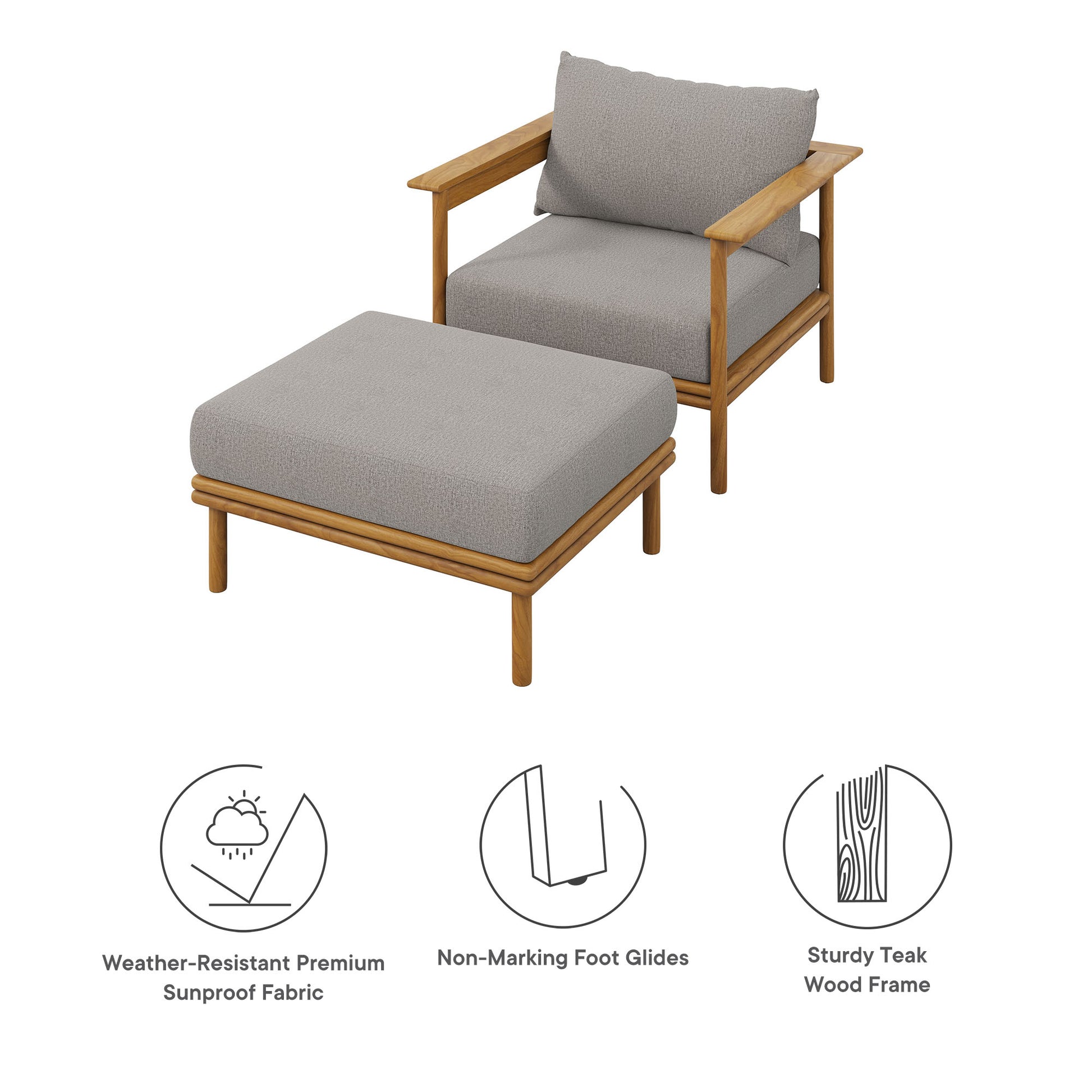 Wren Outdoor Patio Teak Wood Armchair and Ottoman Set - Natural Flint Gray