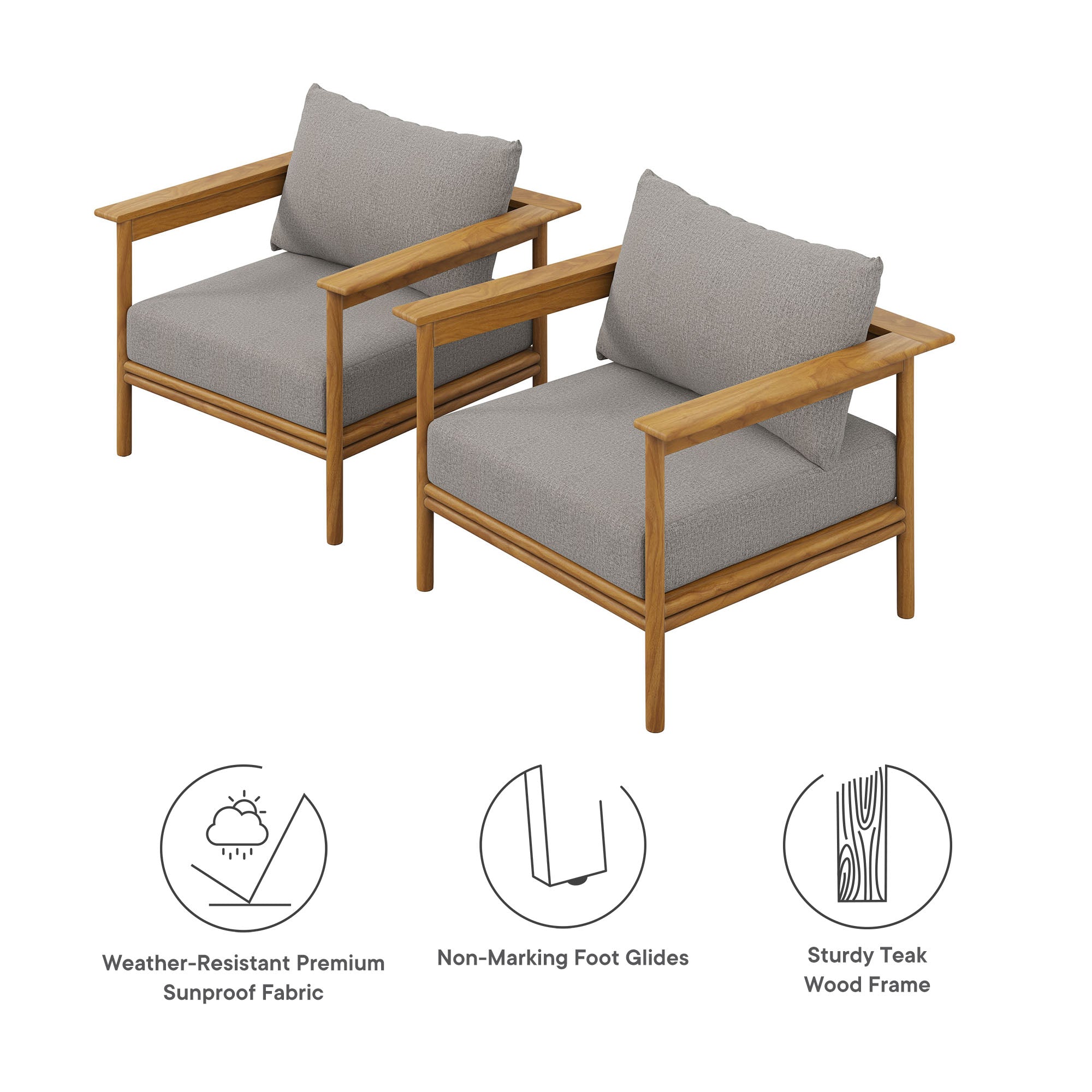 Wren Outdoor Patio Teak Wood Armchair Set of 2 - Natural Flint Gray