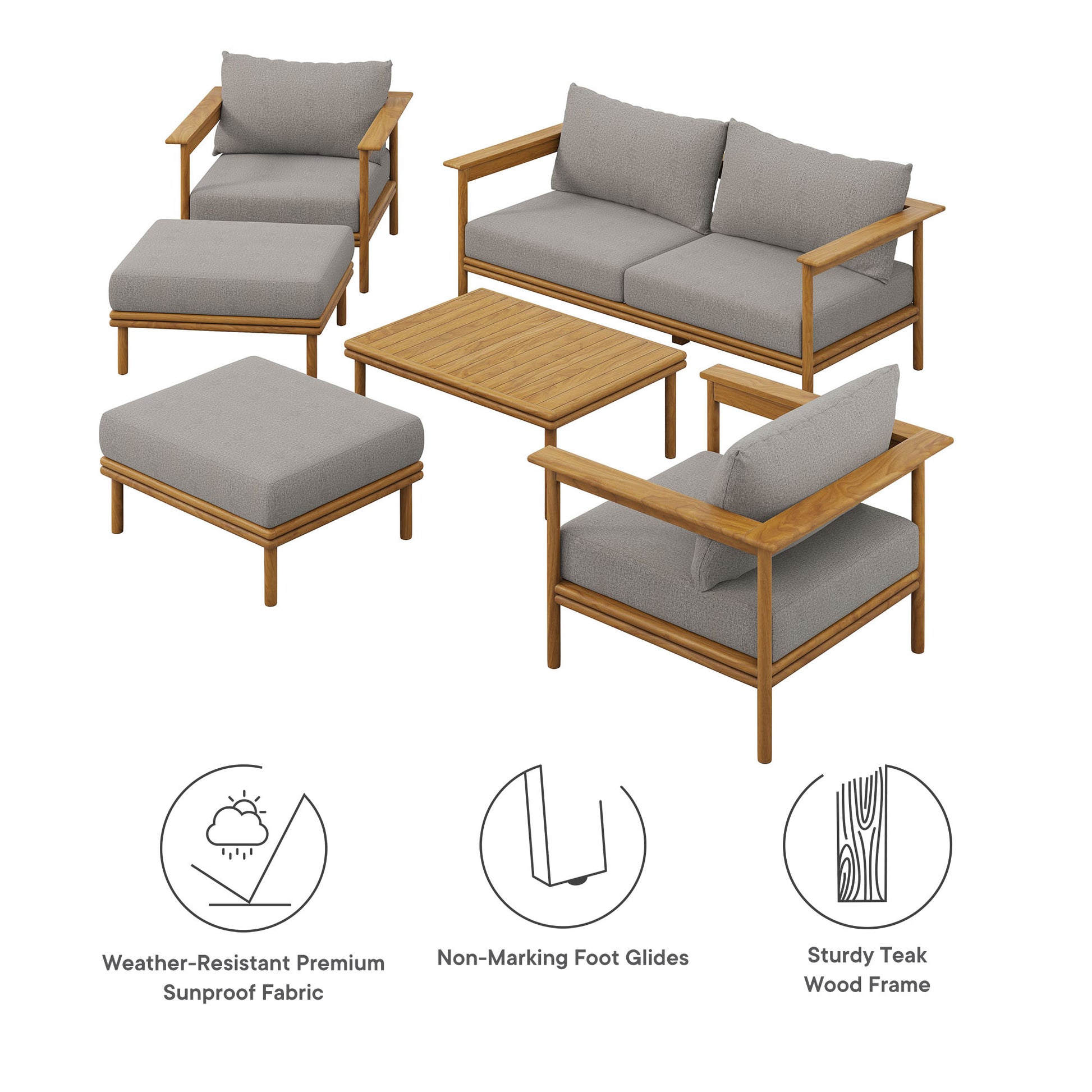 Wren 6-Piece Outdoor Patio Teak Wood Furniture Set - Natural Flint Gray