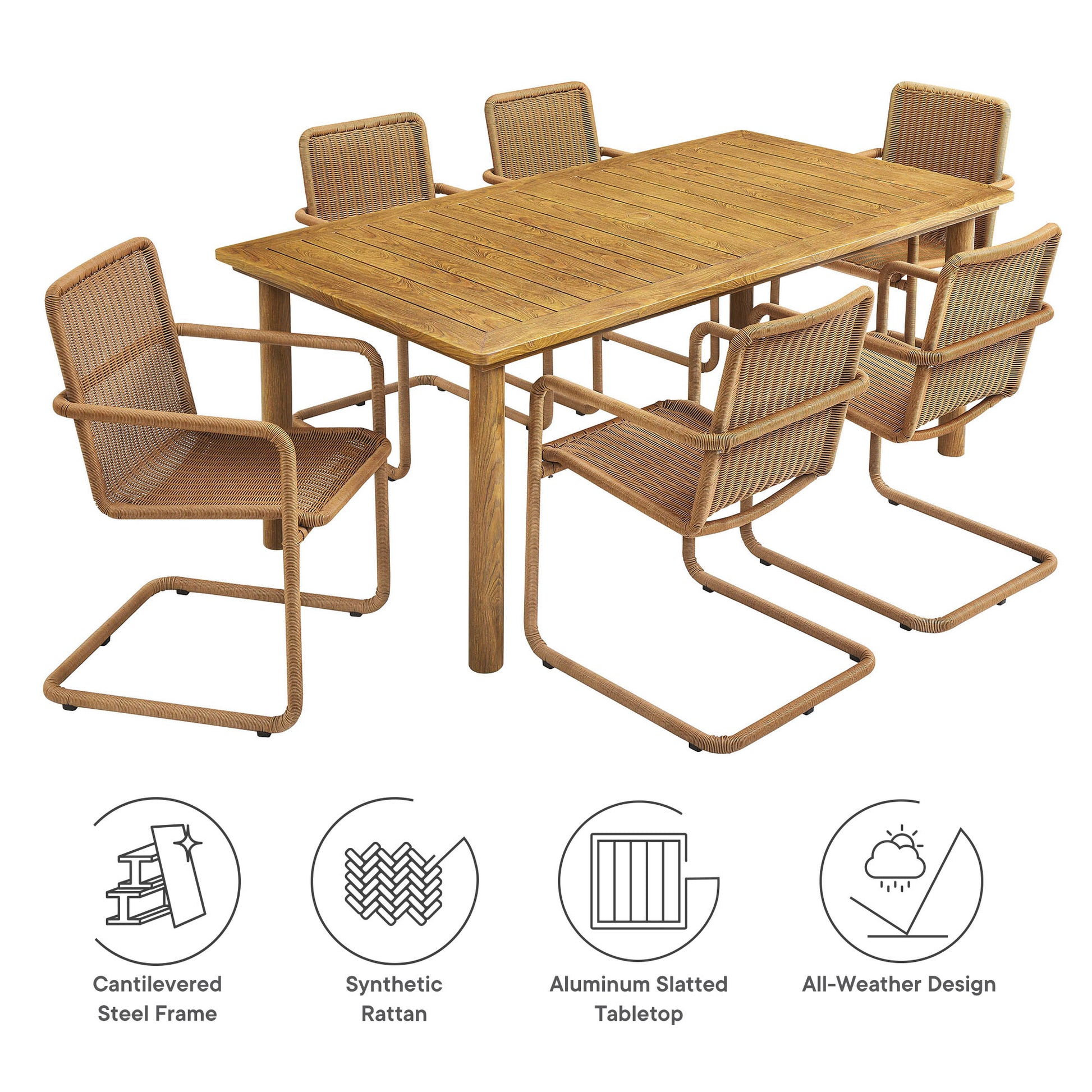 Abacus 7-Piece Rectangular Outdoor Patio Aluminum Dining Table Set with Rattan Armchairs - Slate Natural