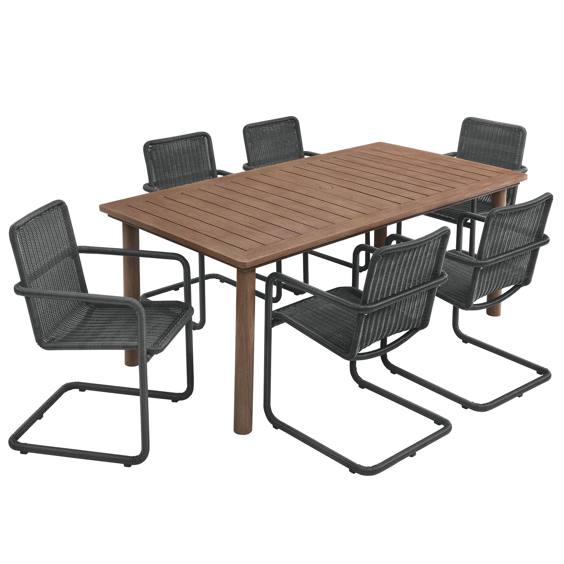 Abacus 7-Piece Rectangular Outdoor Patio Aluminum Dining Table Set with Rattan Armchairs
