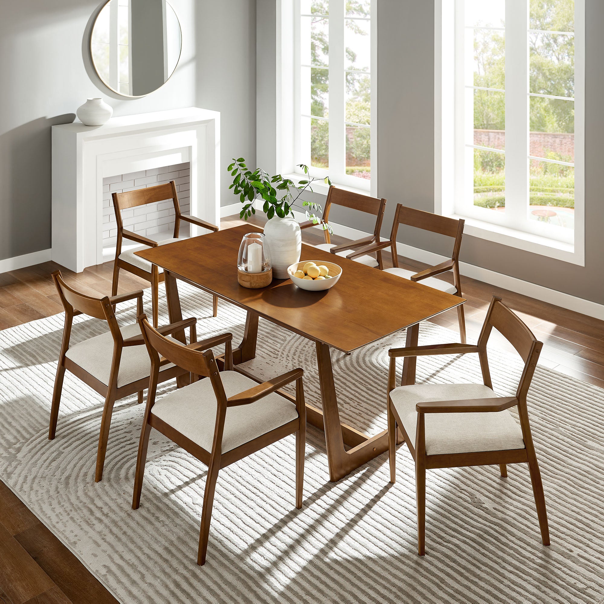 Solara 7-Piece Wood Dining Set with Fabric Upholstered Armchairs