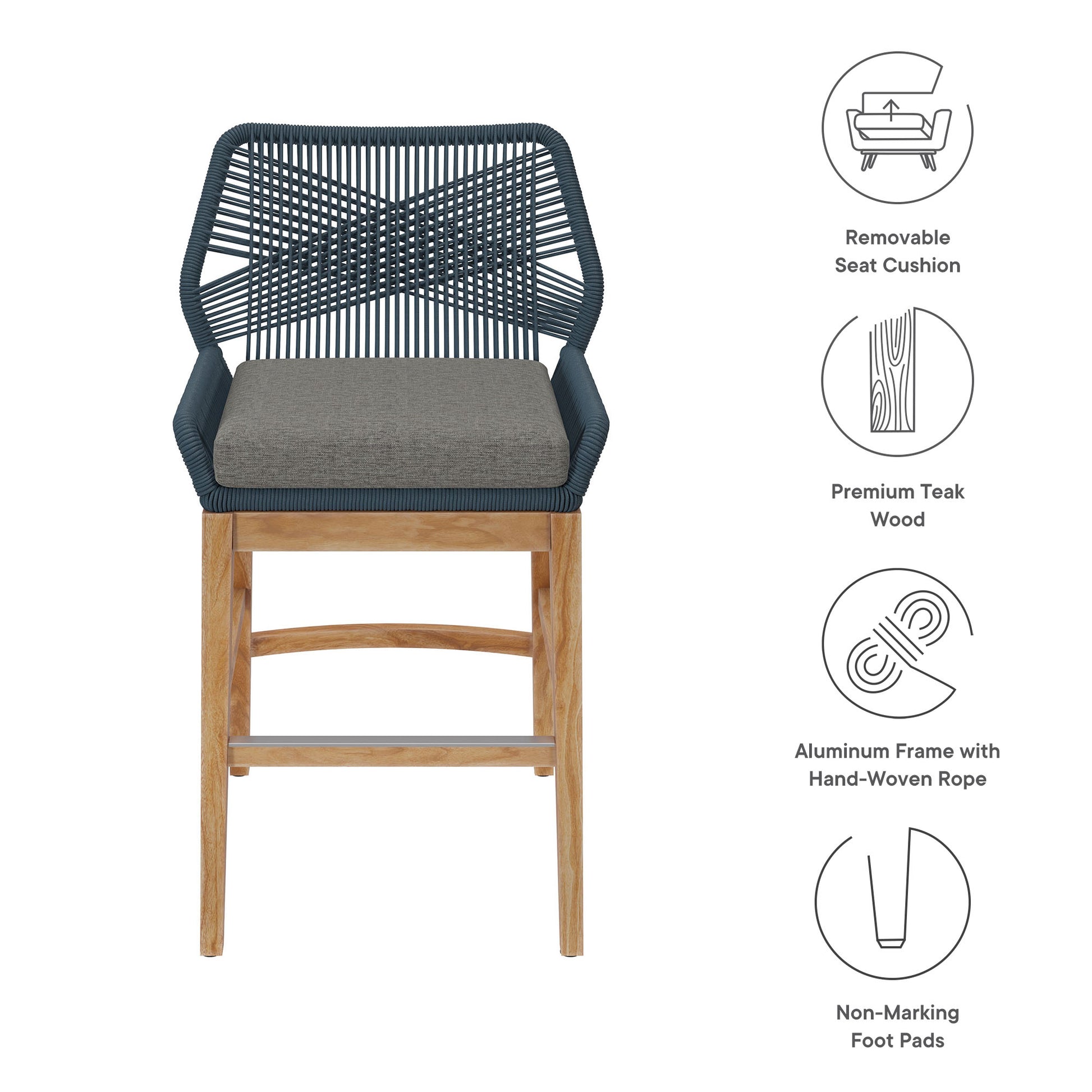 Wellspring Outdoor Patio Teak and Rope Counter Stool - Gray Graphite