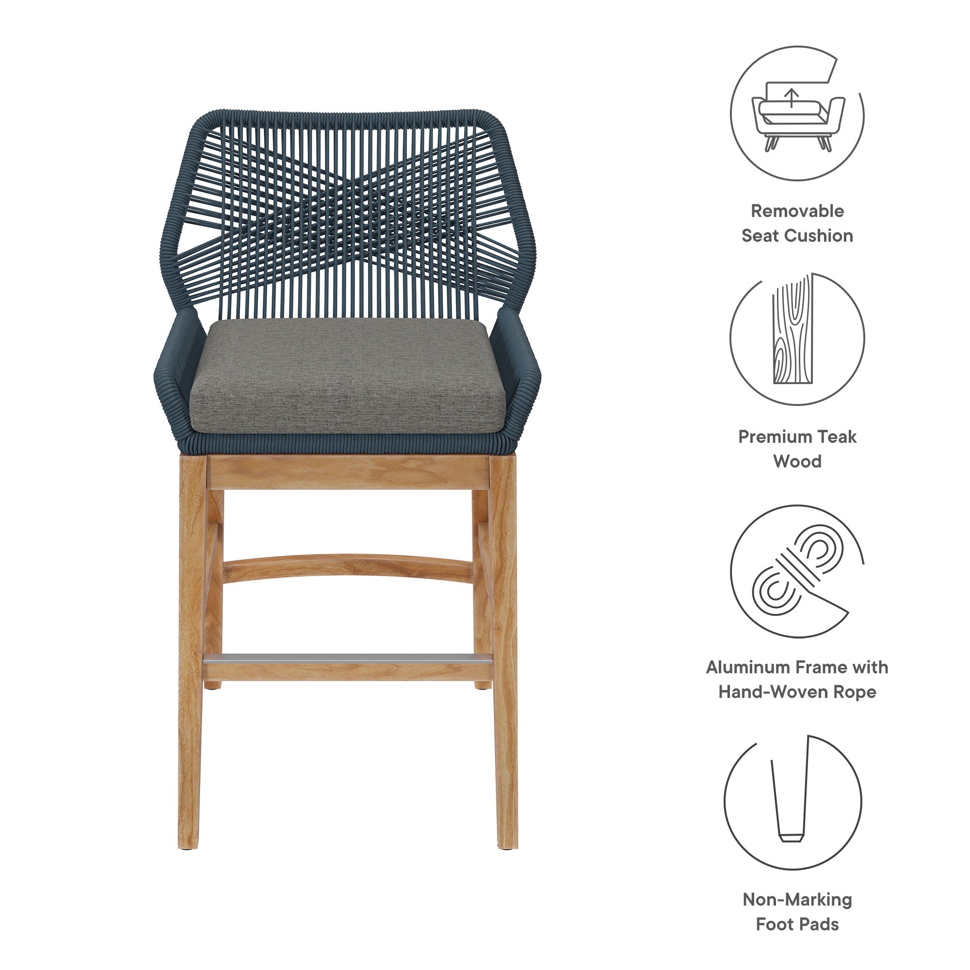 Wellspring Outdoor Patio Teak and Rope Counter Stool - Gray Graphite