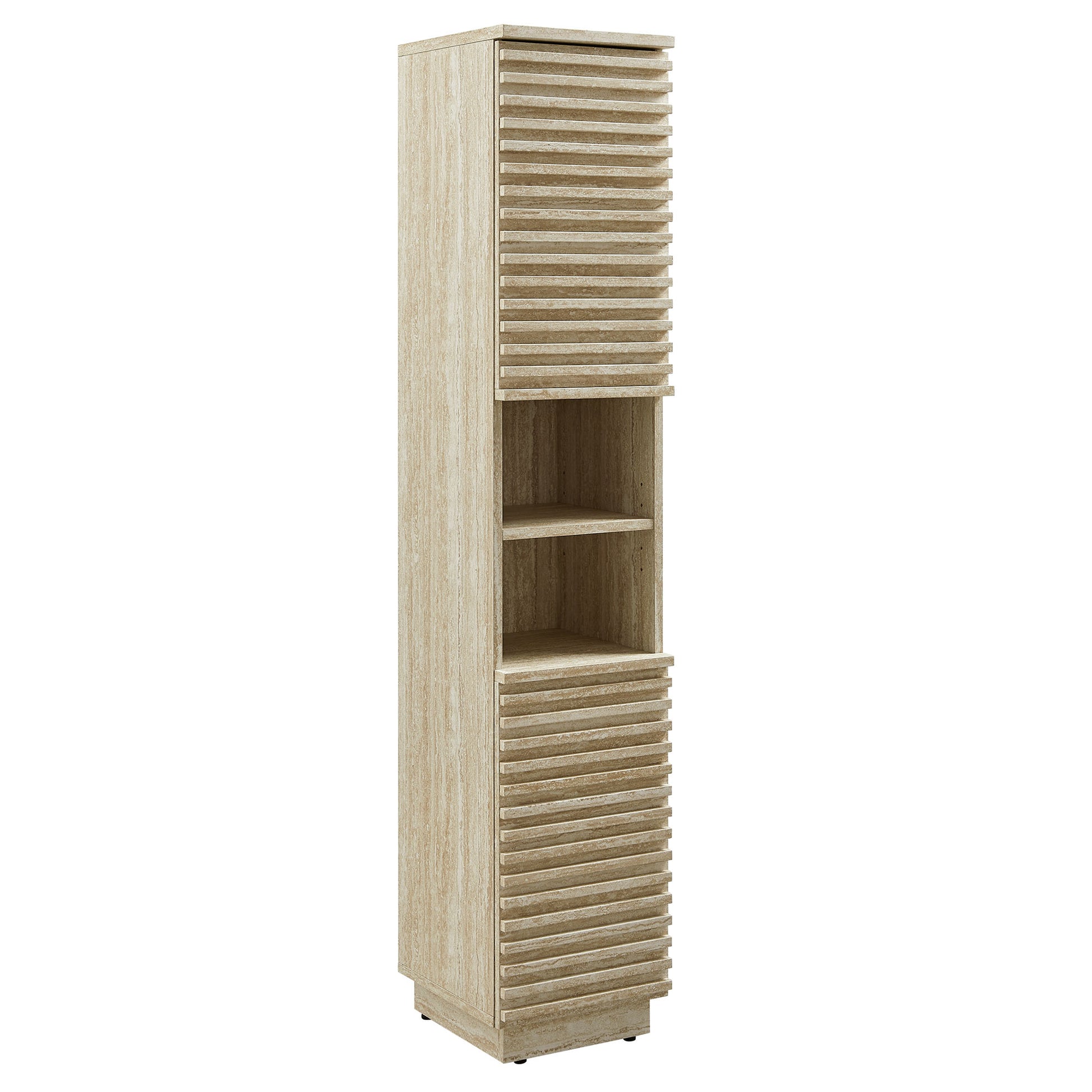Render Tall Narrow Faux Travertine Linen Storage Cabinet - Travertine