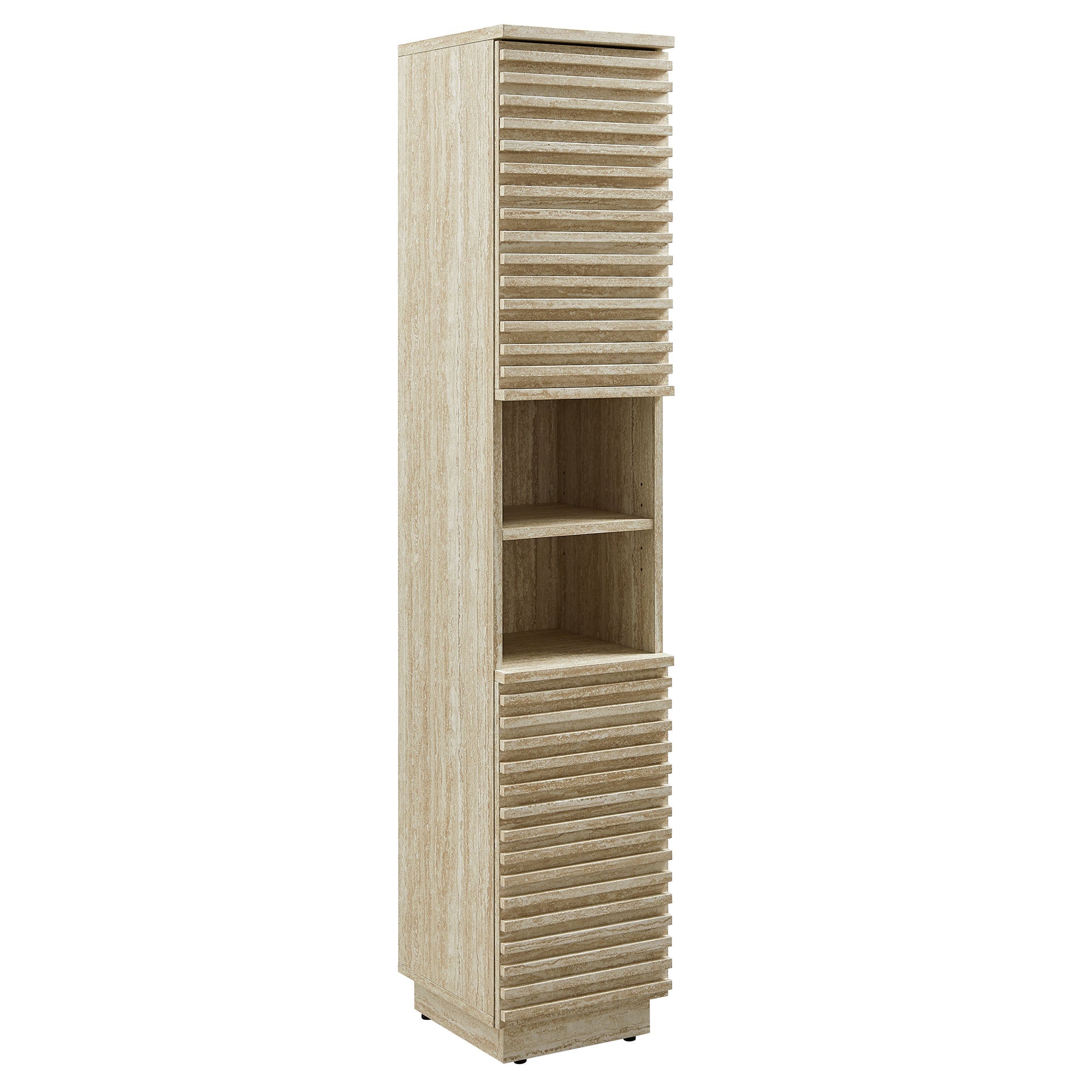 Render Tall Narrow Faux Travertine Linen Storage Cabinet - Travertine