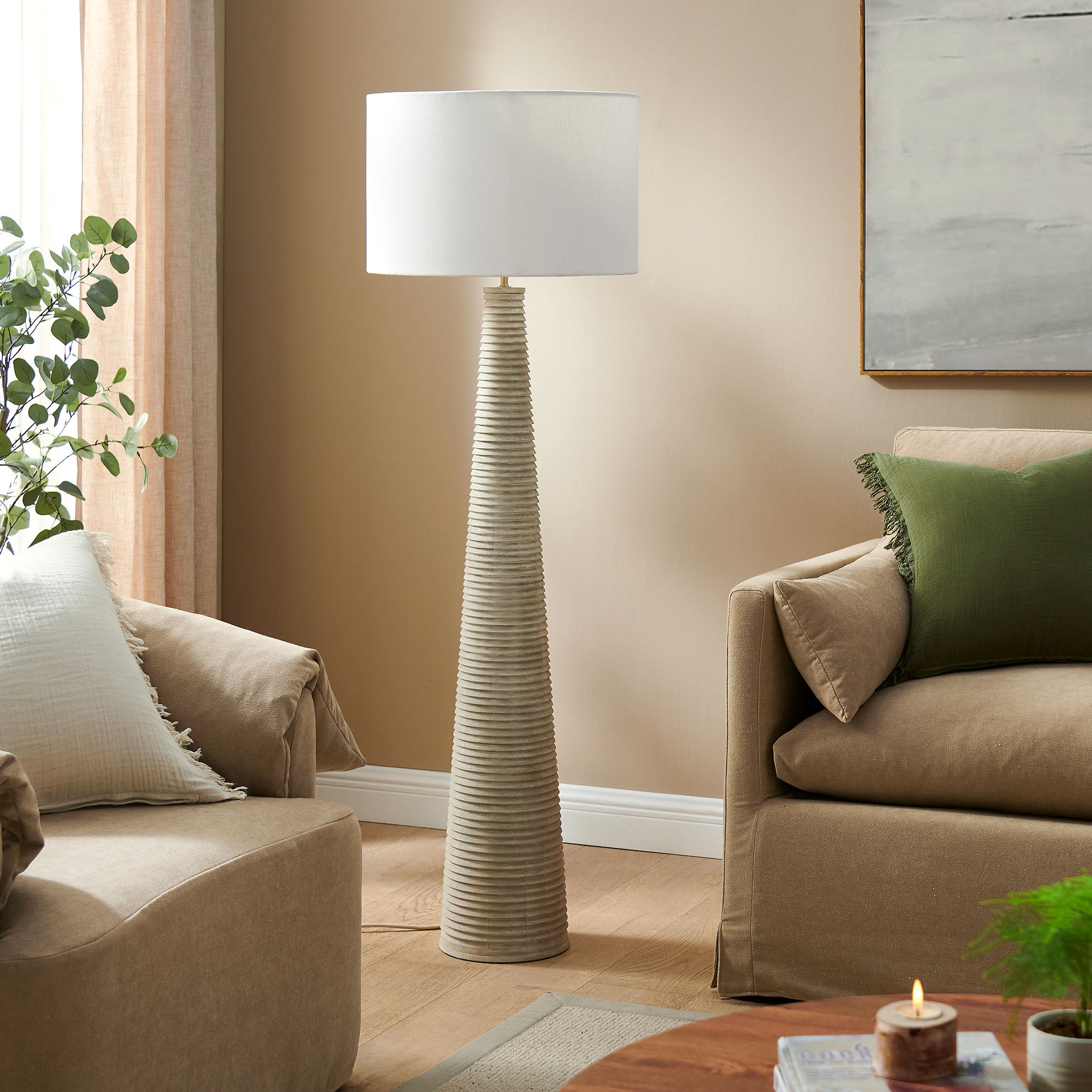 Saylor Carved Ribbed Wood Floor Lamp With Drum Shade