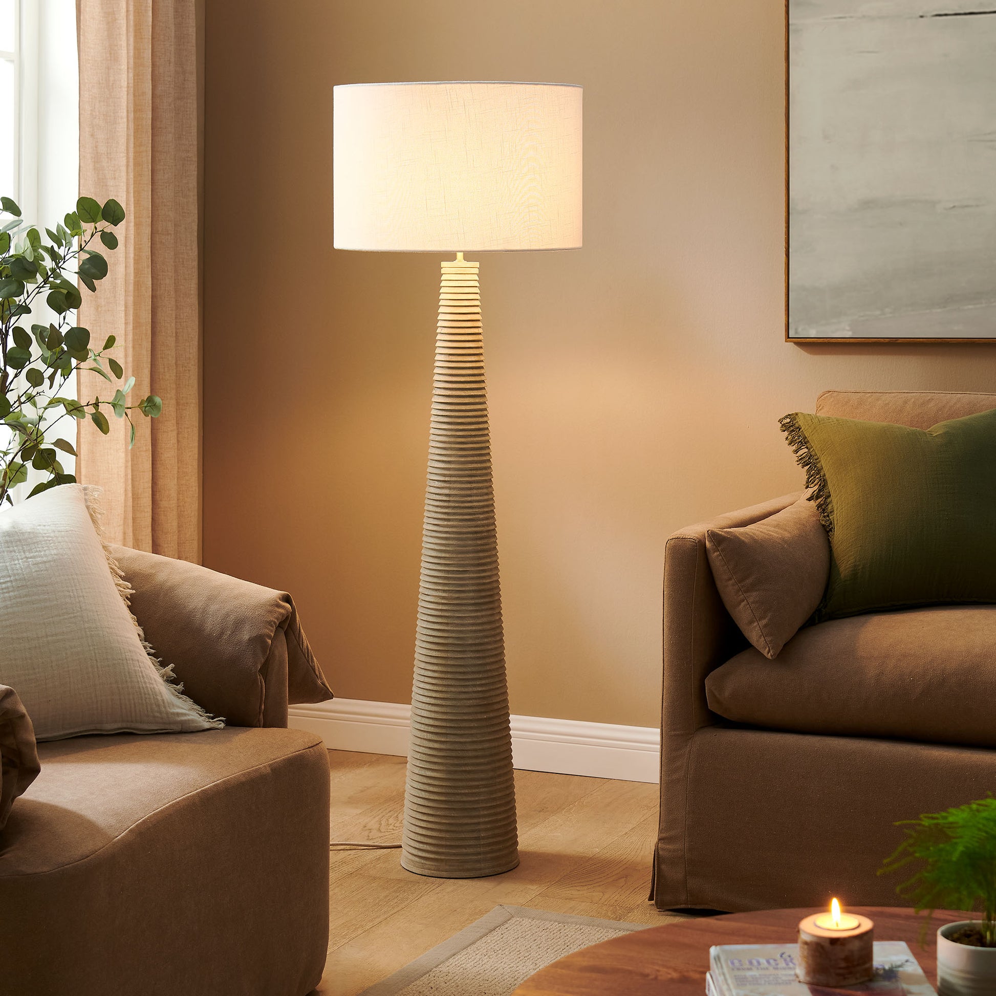 Saylor Carved Ribbed Wood Floor Lamp With Drum Shade