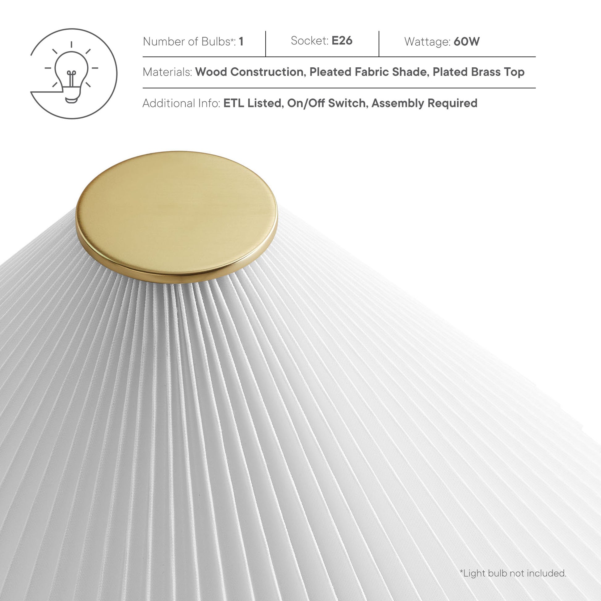 Jessica Wooden Base Table Lamp With Pleated Fabric Shade