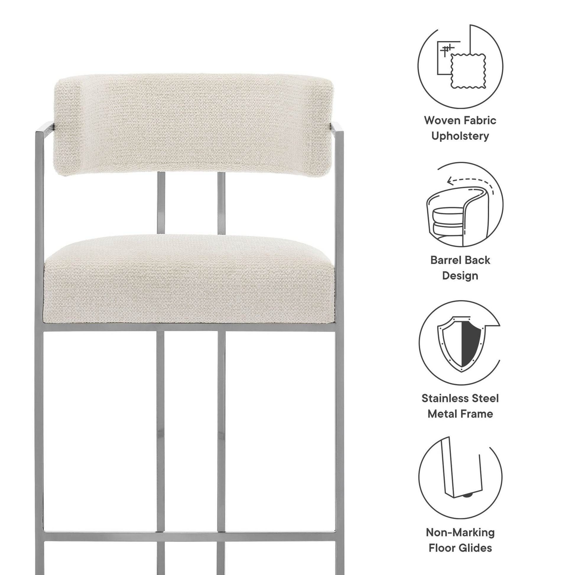Huron Curved Back Fabric and Metal Counter Stool - Silver Navy
