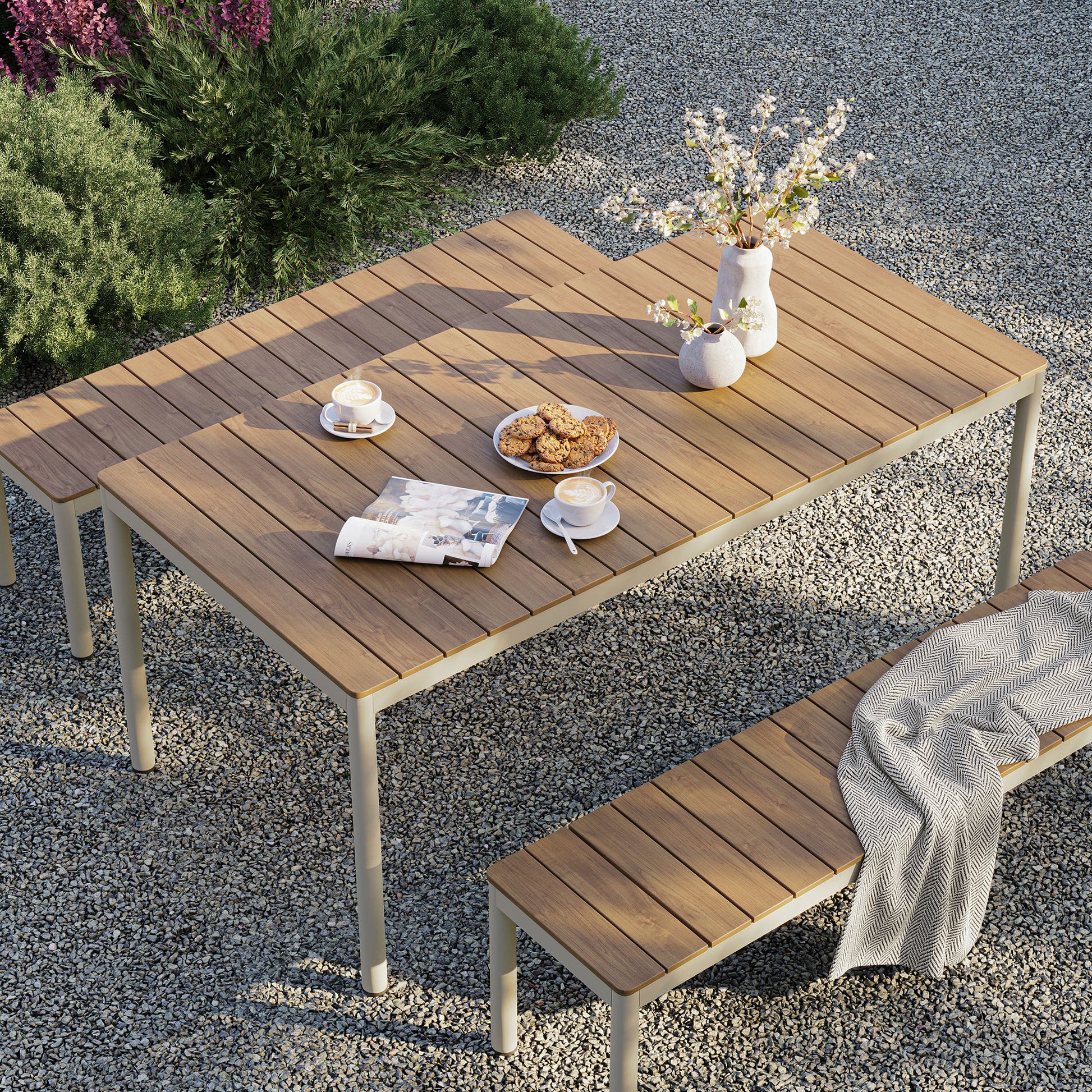 Finn Outdoor Patio Aluminum Faux Wood Dining Set with Benches