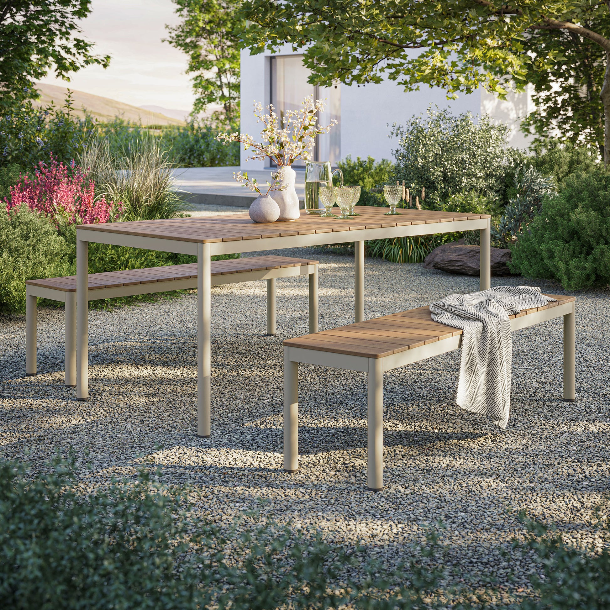 Finn Outdoor Patio Aluminum Faux Wood Dining Set with Benches