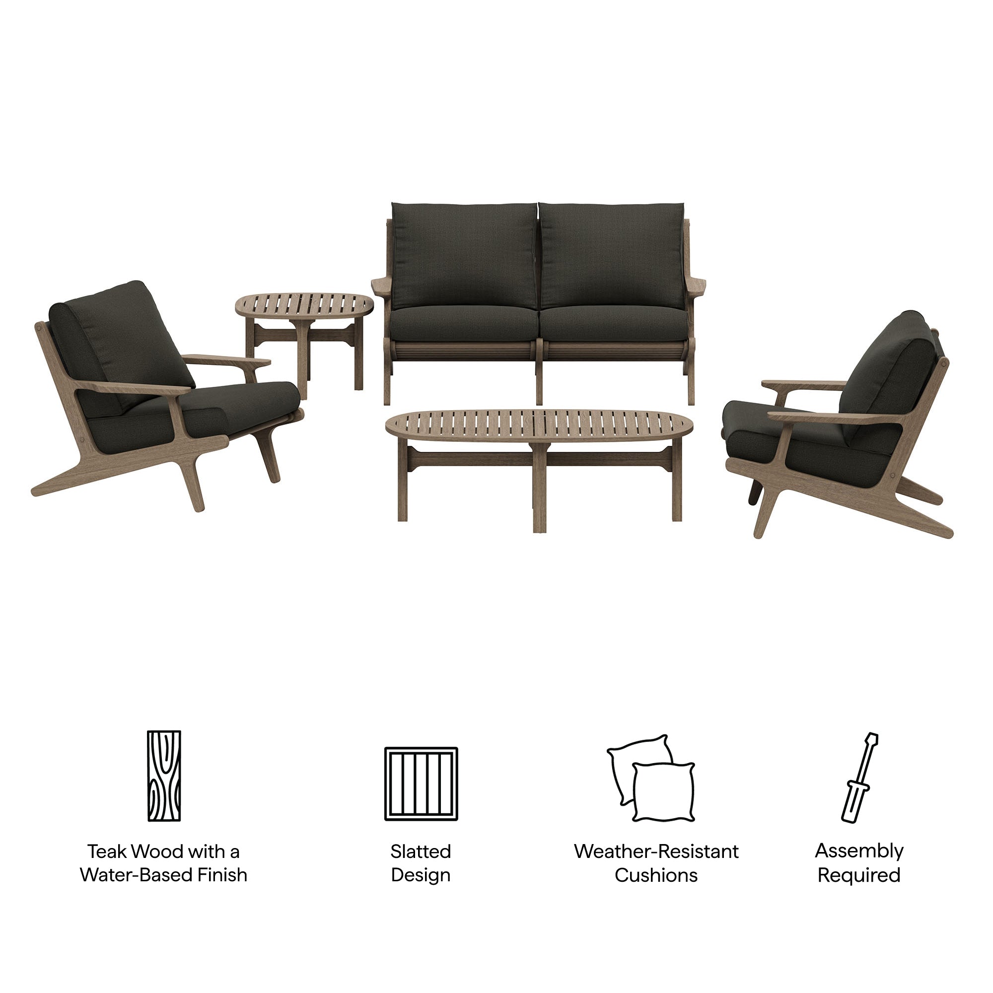 Saratoga 5-Piece Outdoor Teak Wood Furniture Set - Weathered Gray Pebble