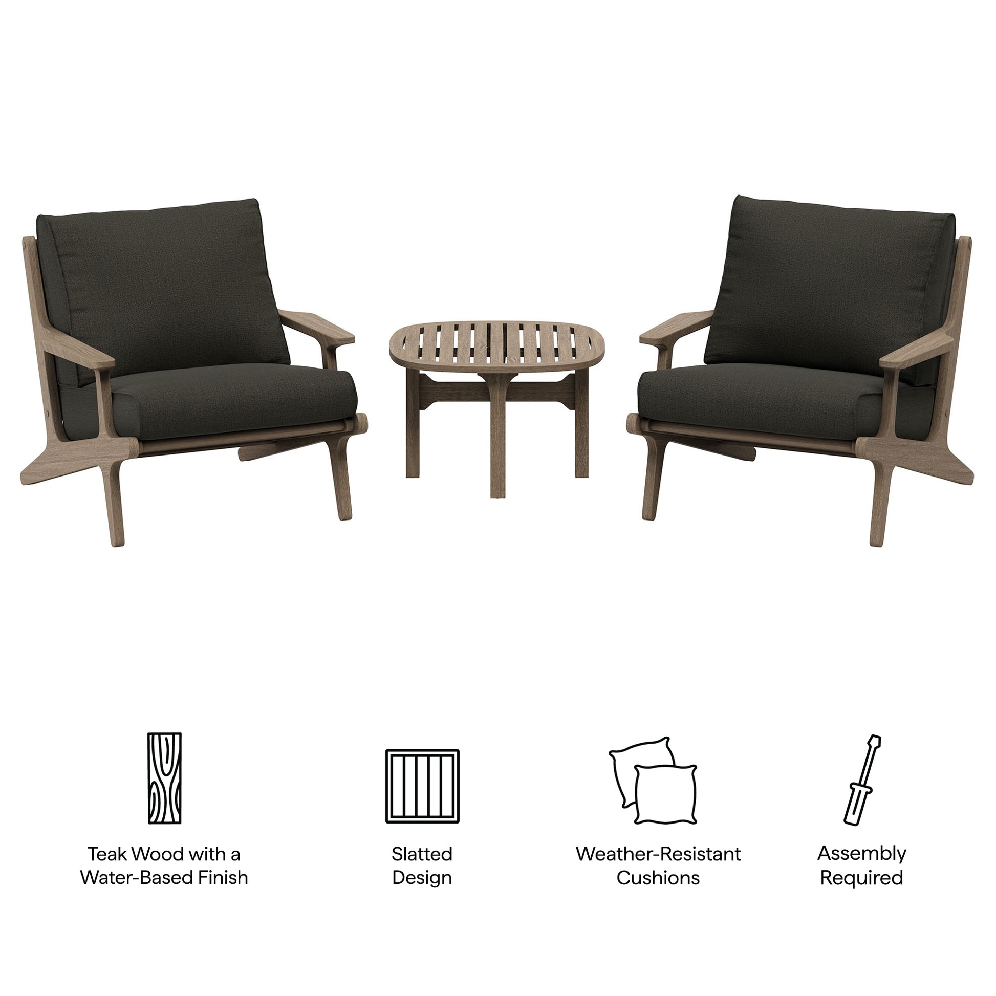 Saratoga 3-Piece Outdoor Teak Wood Furniture Set with Lounge Chairs and Side Table - Weathered Gray Pebble