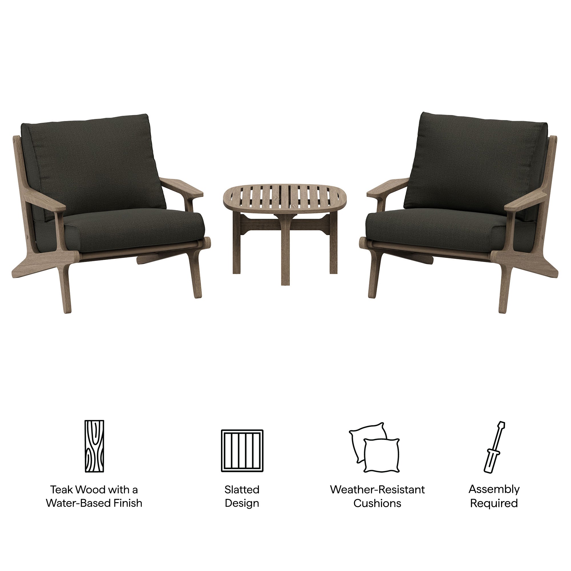 Saratoga 3-Piece Outdoor Teak Wood Furniture Set with Lounge Chairs and Side Table - Weathered Gray Pebble
