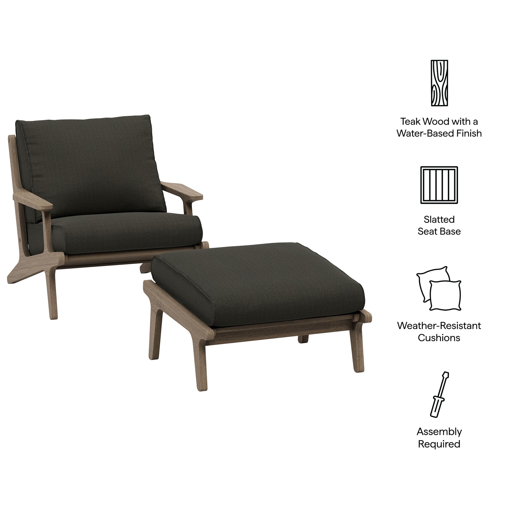 Saratoga Outdoor Teak Wood Chair and Ottoman Set - Weathered Gray Pebble