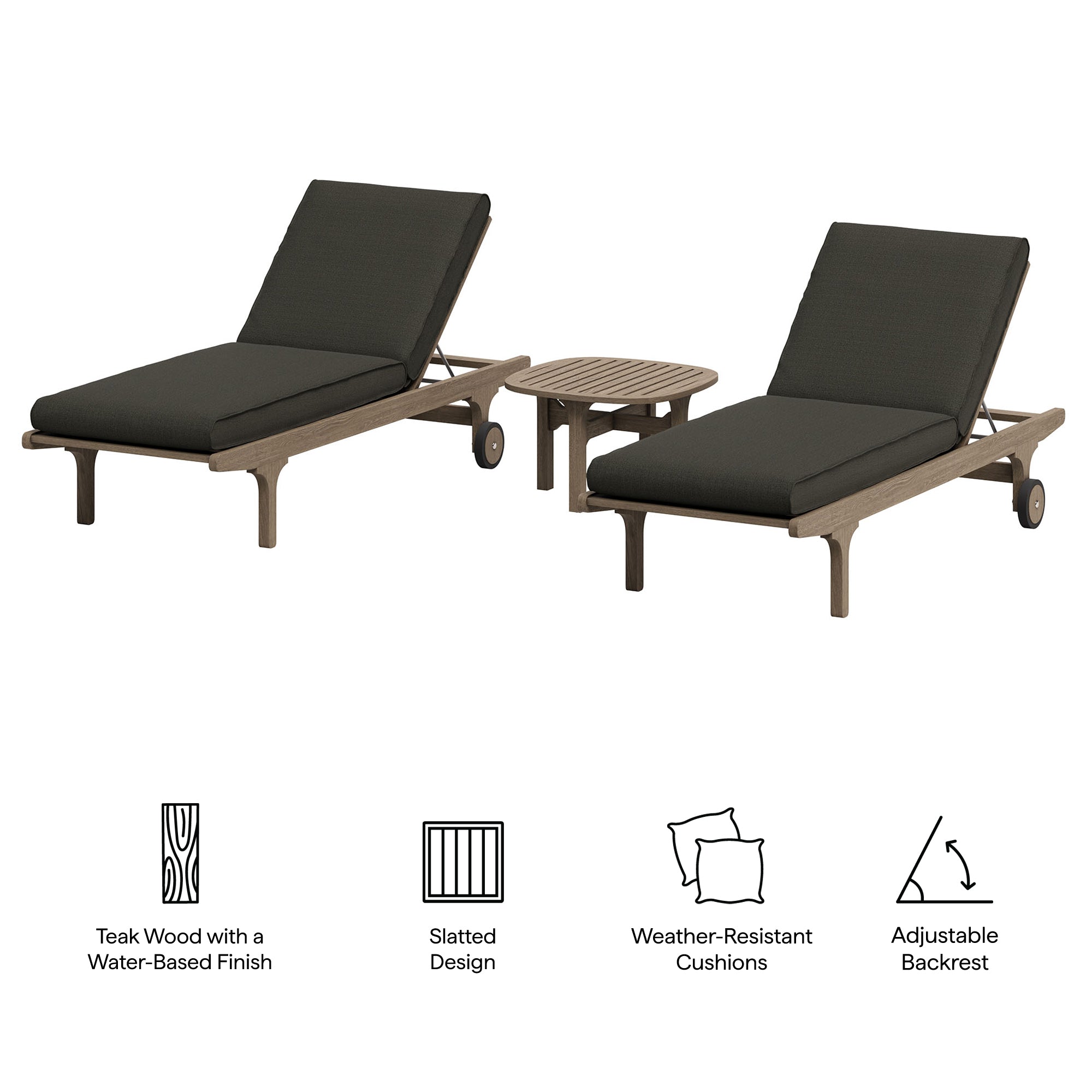 Saratoga Outdoor Teak Wood 3-Piece Chaise Lounge Furniture Set - Weathered Gray Pebble