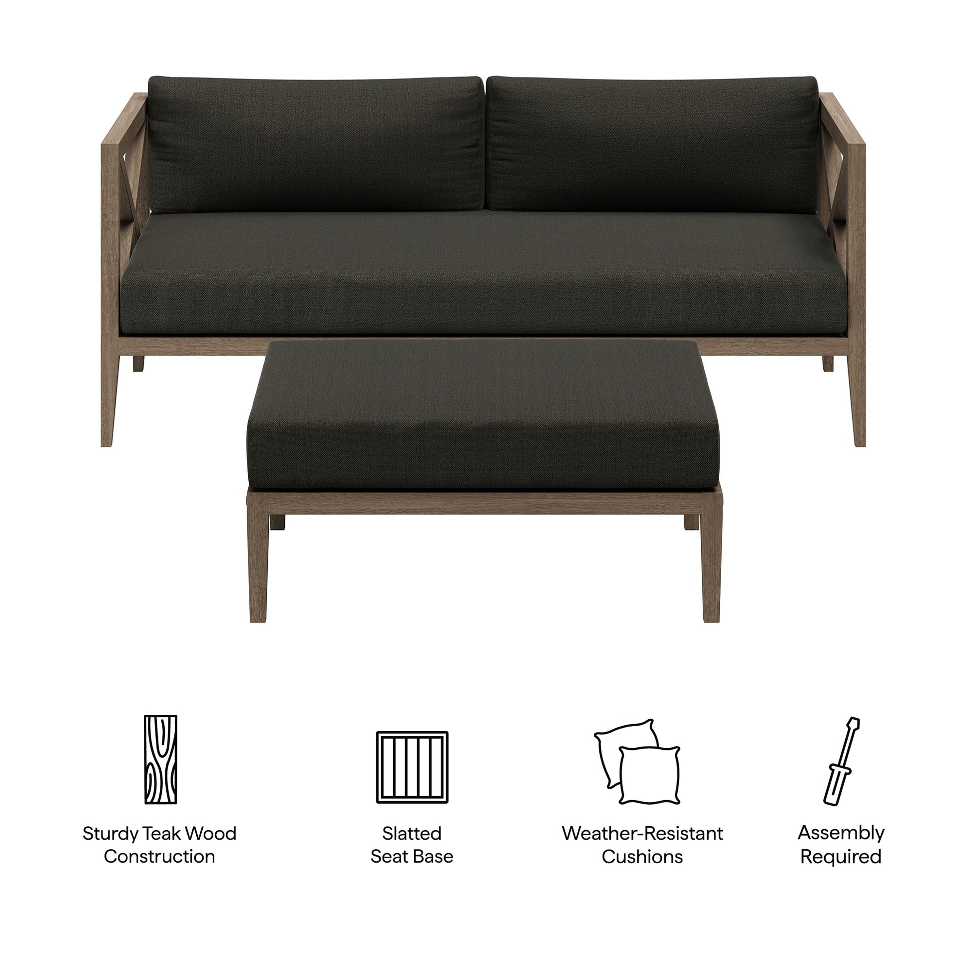 Northlake Outdoor Teak Wood Loveseat and Ottoman Set - Weathered Gray Pebble