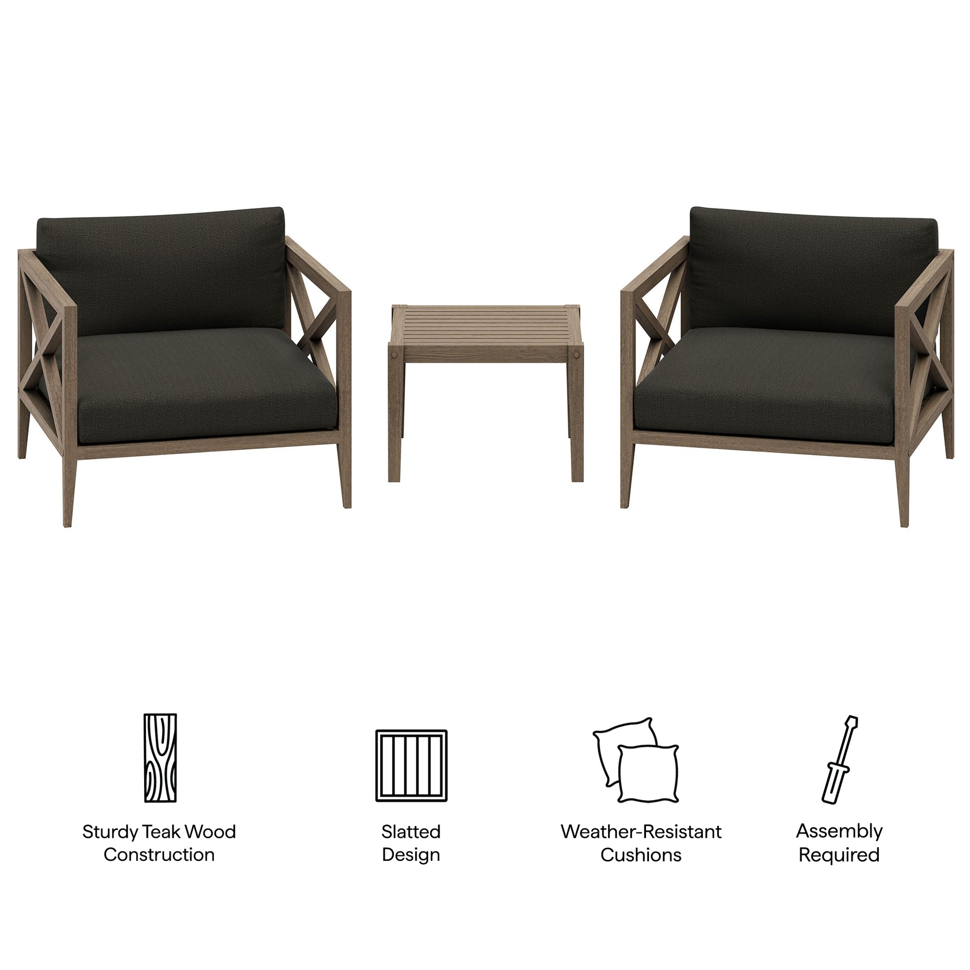 Northlake 3-Piece Outdoor Teak Wood Furniture Set with Armchair and Side Table - Weathered Gray Pebble