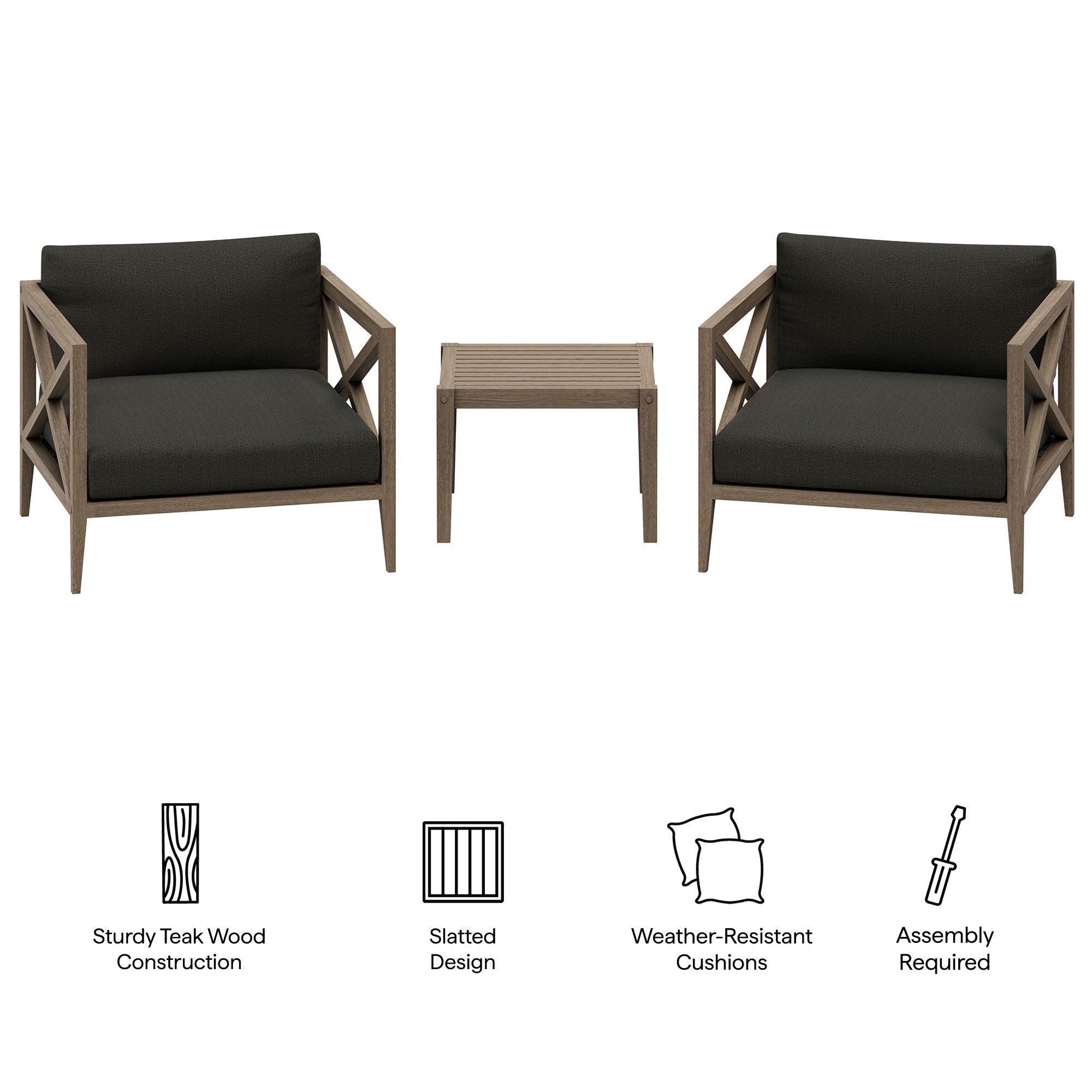 Northlake 3-Piece Outdoor Teak Wood Furniture Set with Armchair and Side Table - Weathered Gray Pebble